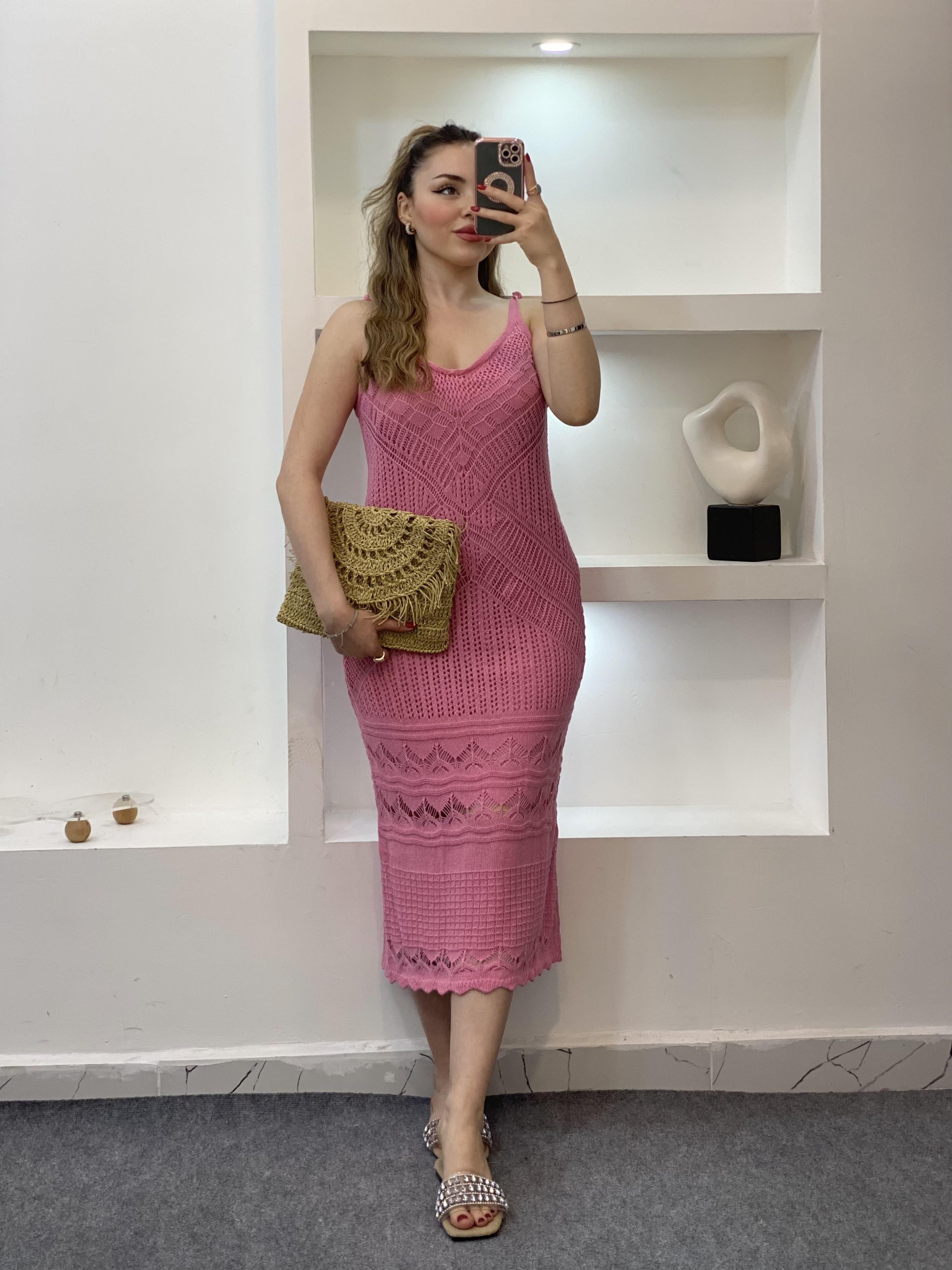 Açık Pembe Desenli Triko Elbise