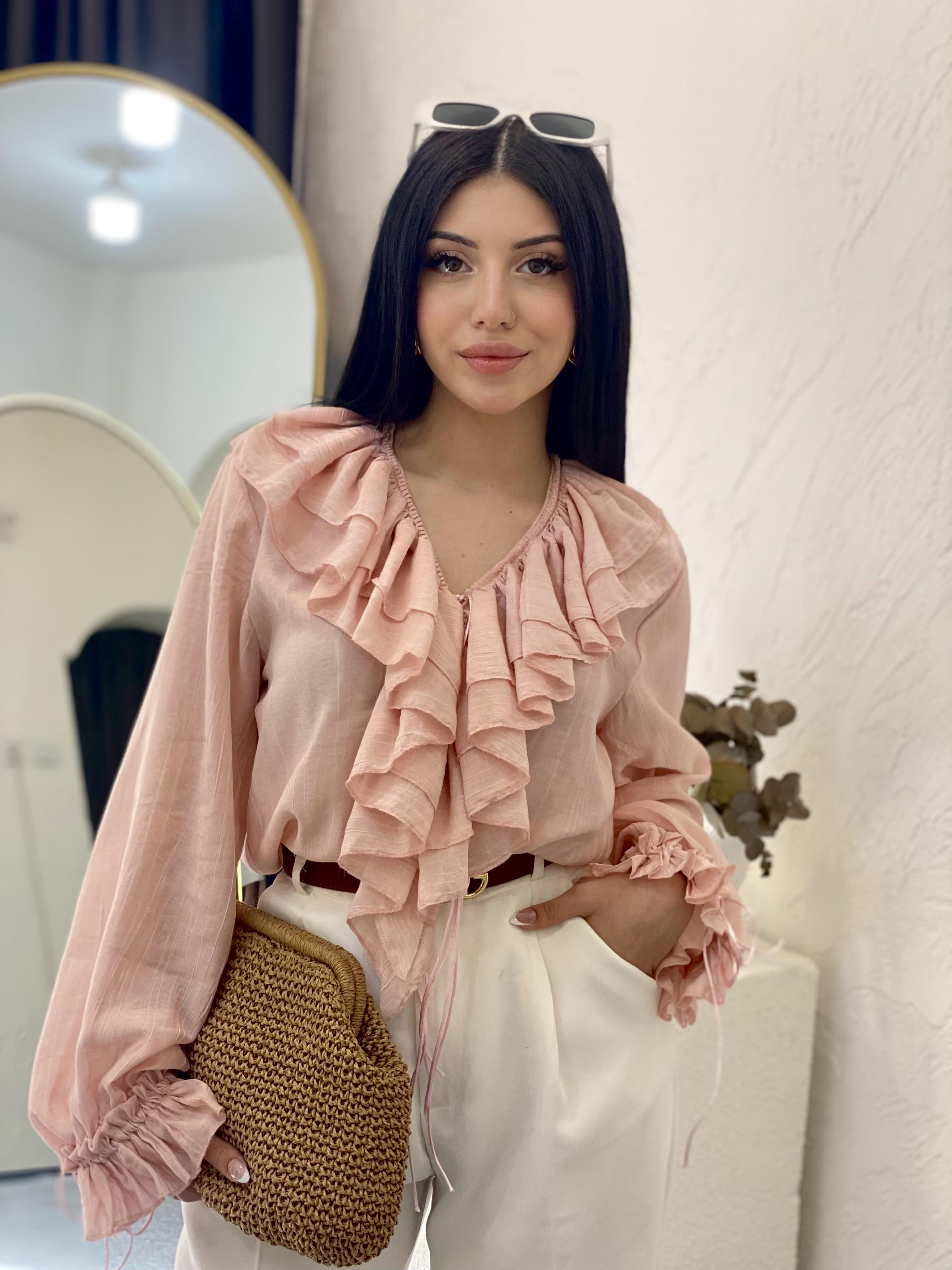 Açık Pembe Premium Önü Volanlı Bluz