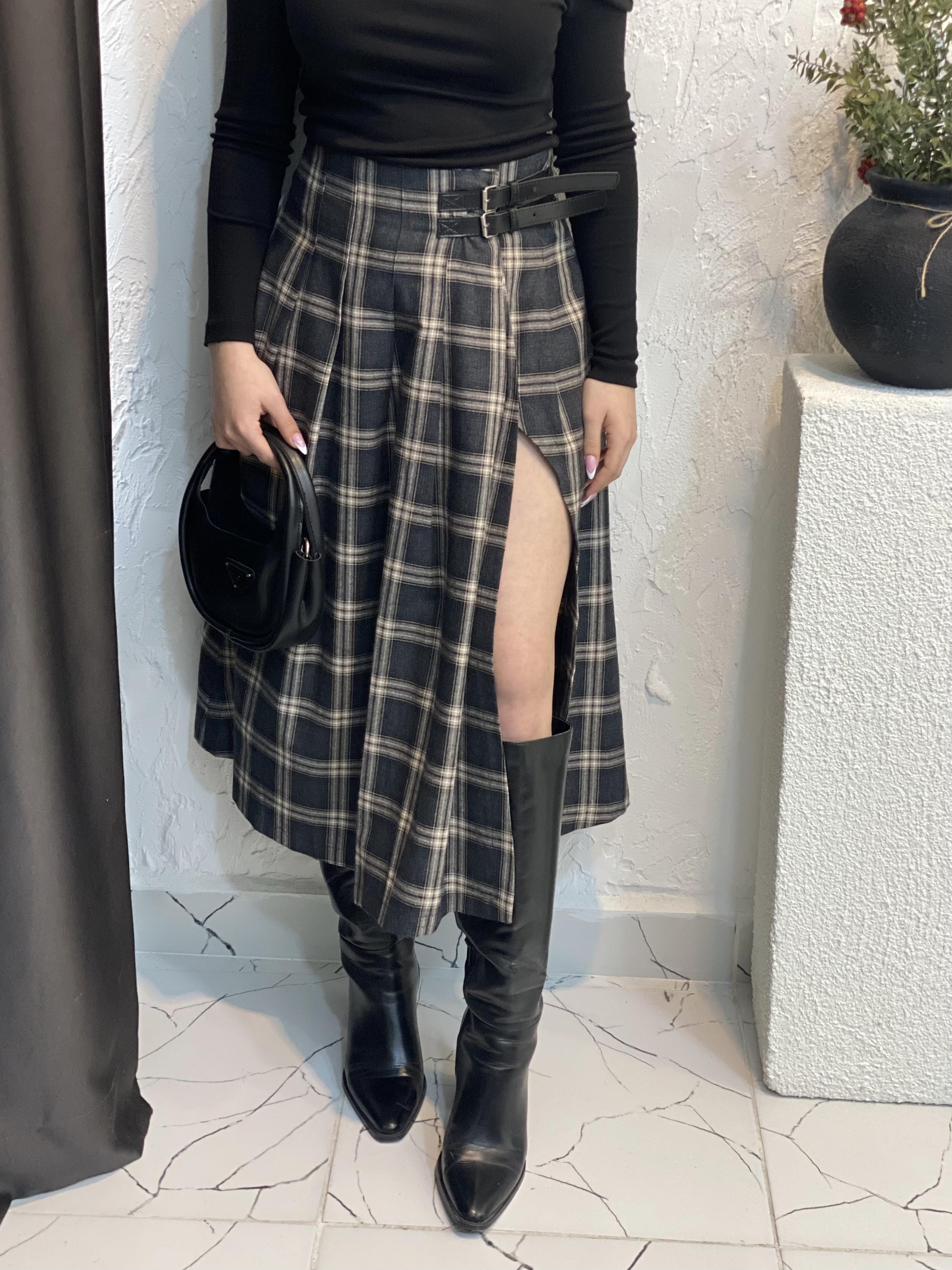 Antrasit Kemer Detaylı Yırtmaçlı Ekose Etek