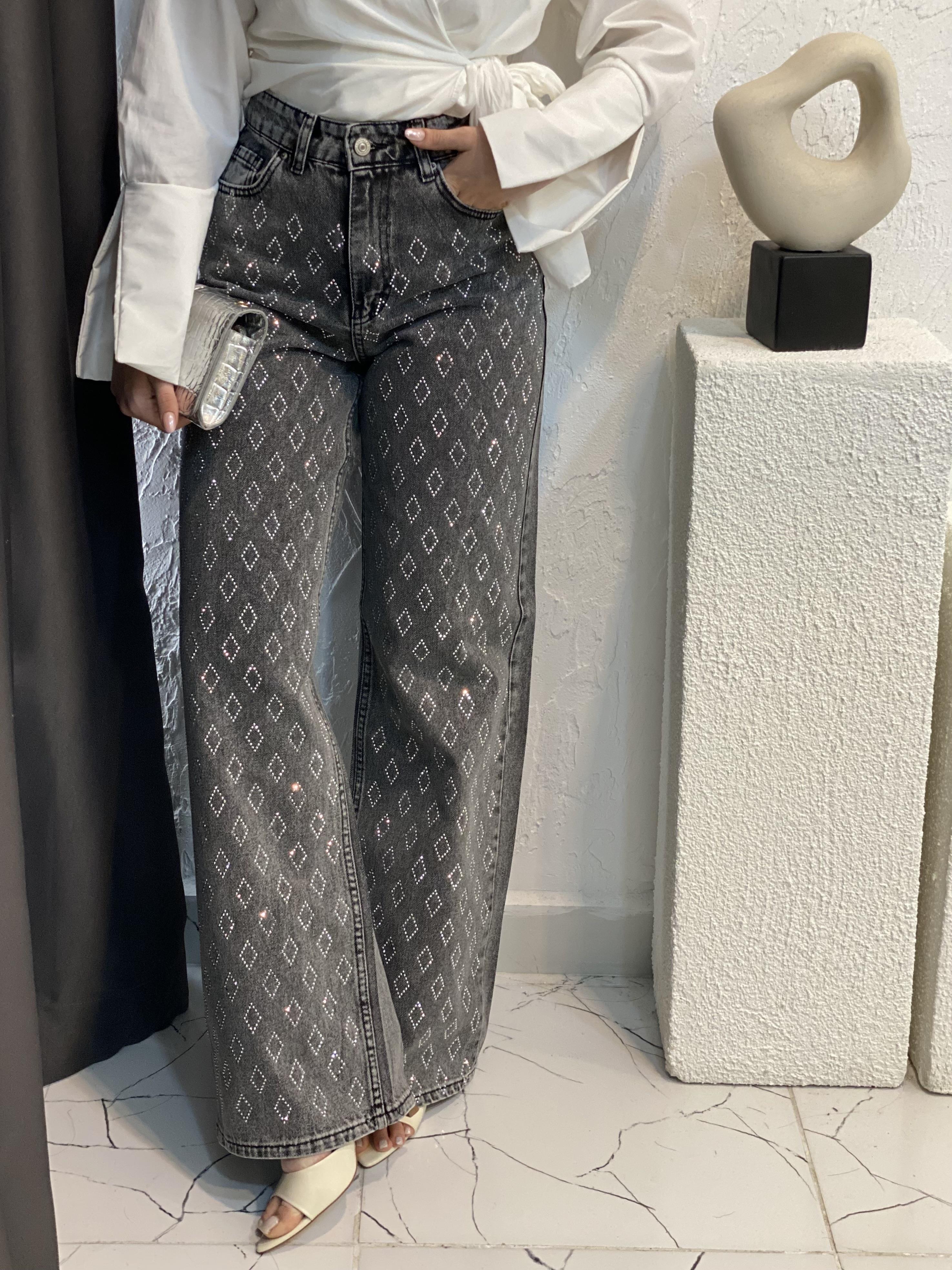 Antrasit Parıltılı Taşlı Jean 