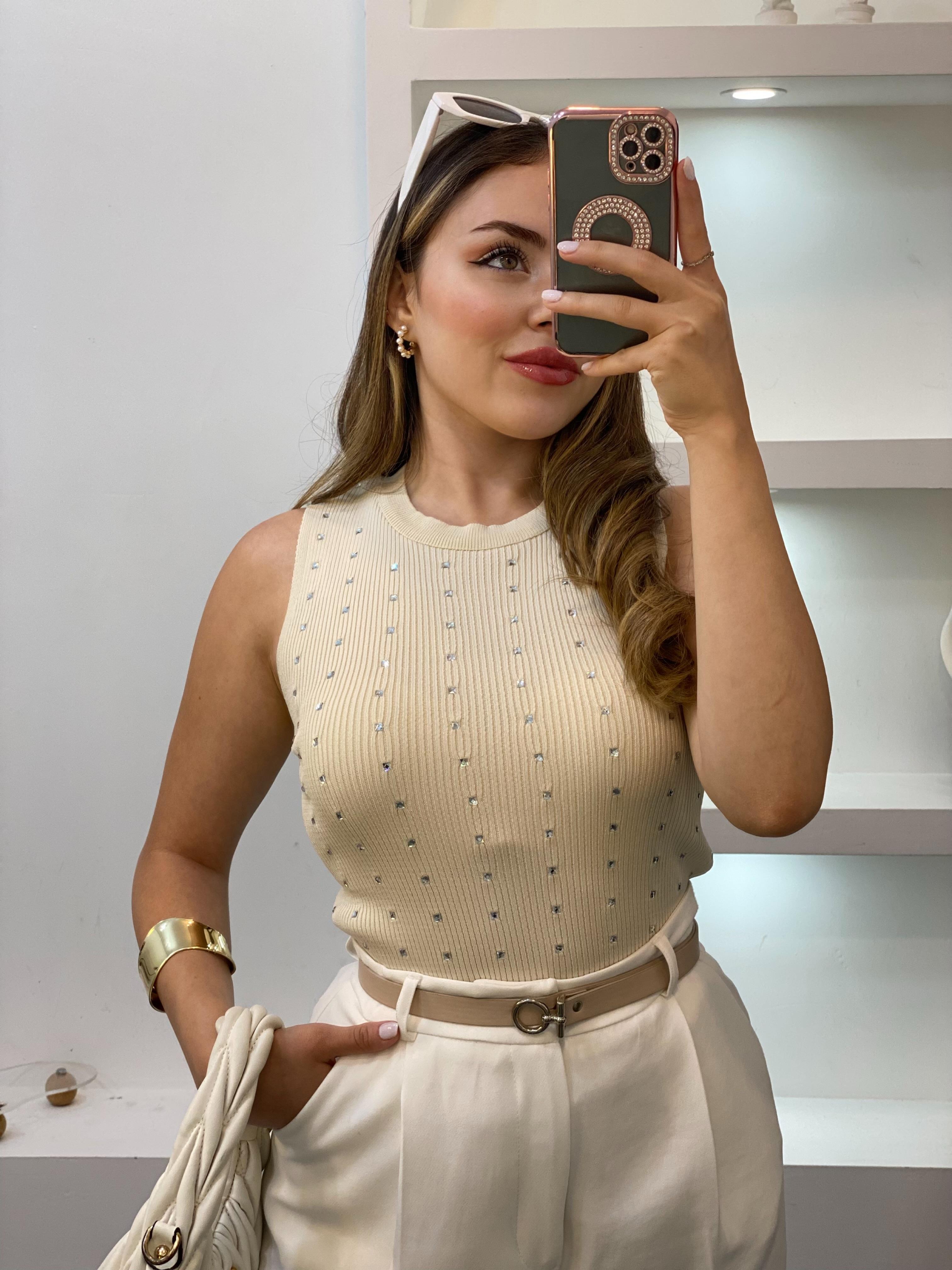 Bej Damla Taşlı Triko Bluz