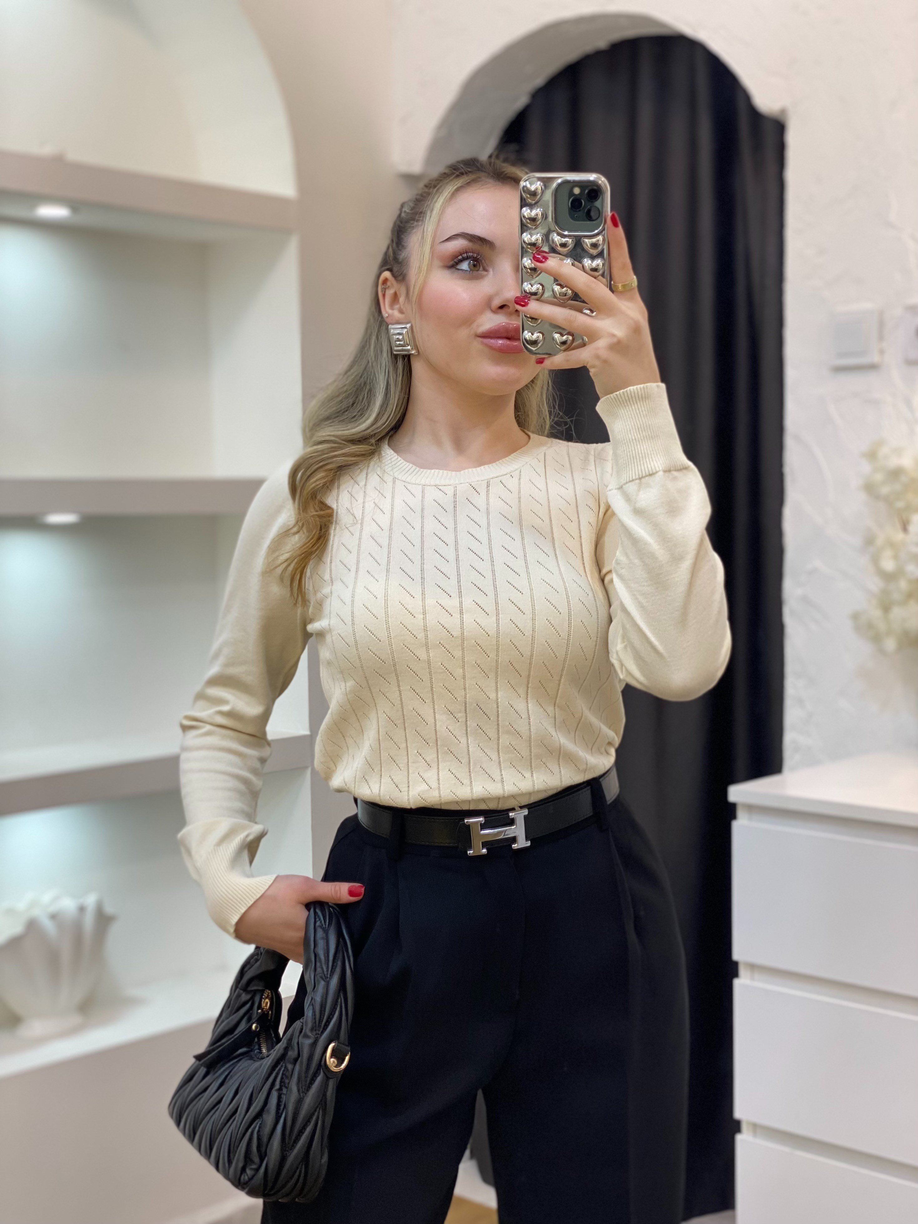 Bej Desenli Triko Bluz