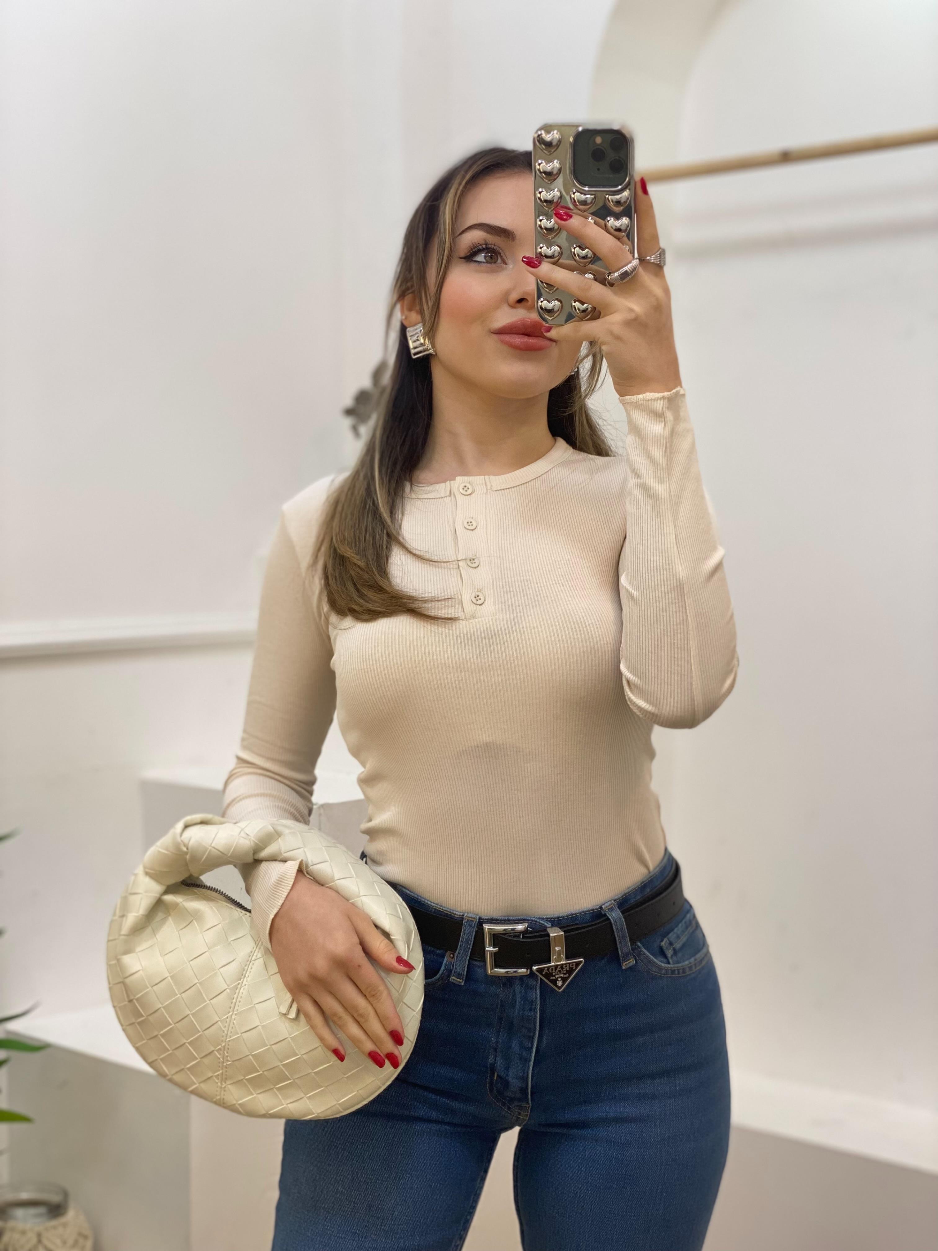 Bej Düğmeli Fitilli Basic Bluz