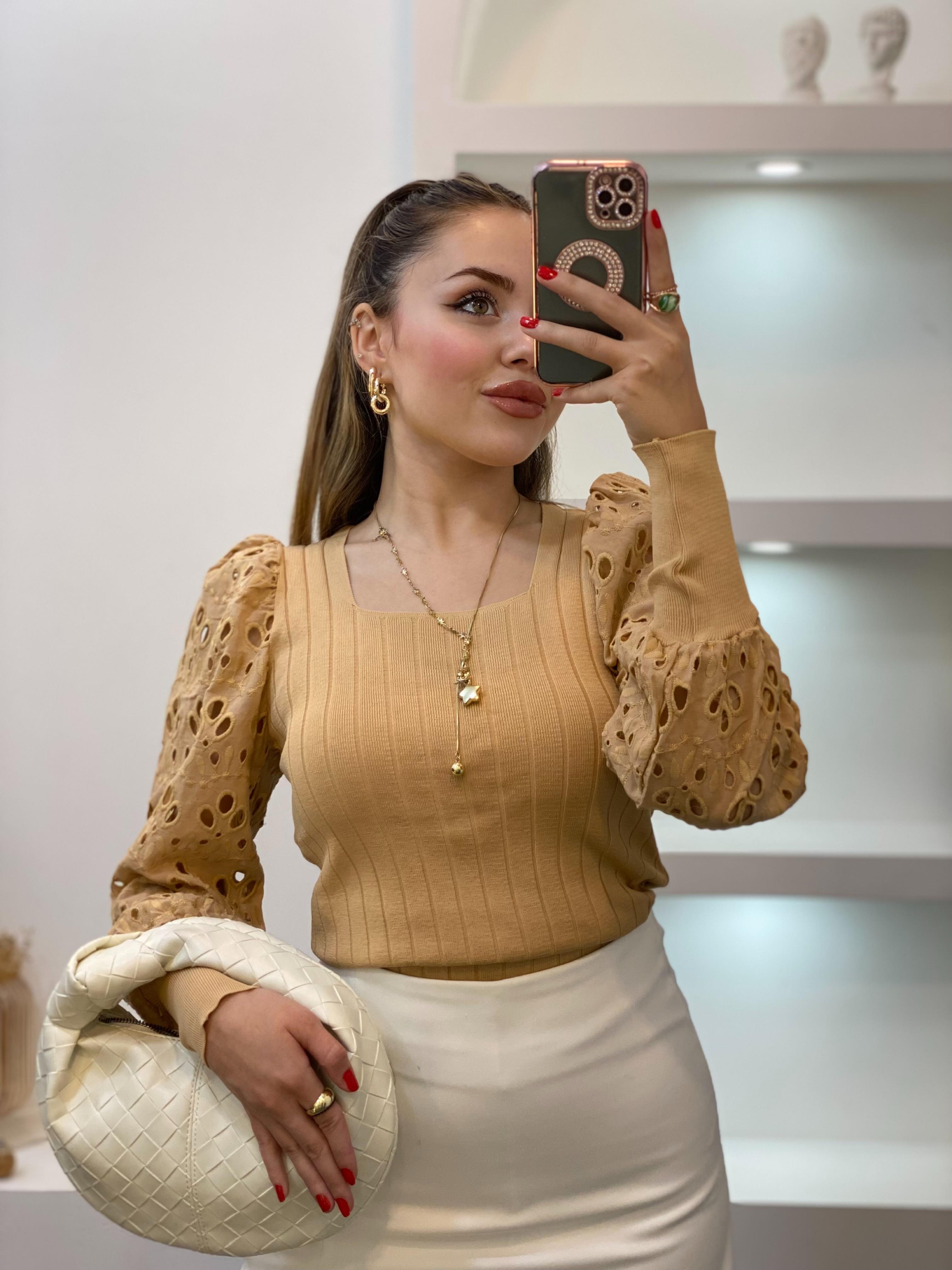 Bej Fisto Kollu Triko Bluz