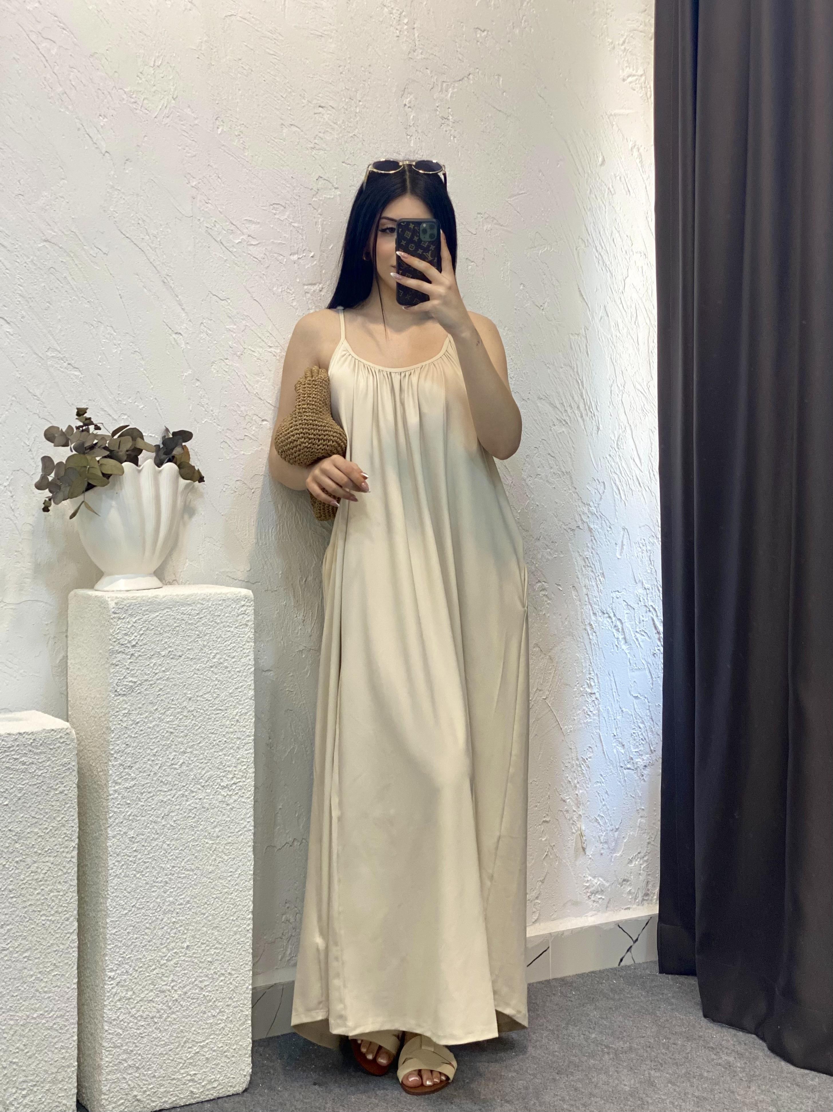 Bej İp Ayarlanabilir Askılı Modal Kumaş Elbise 