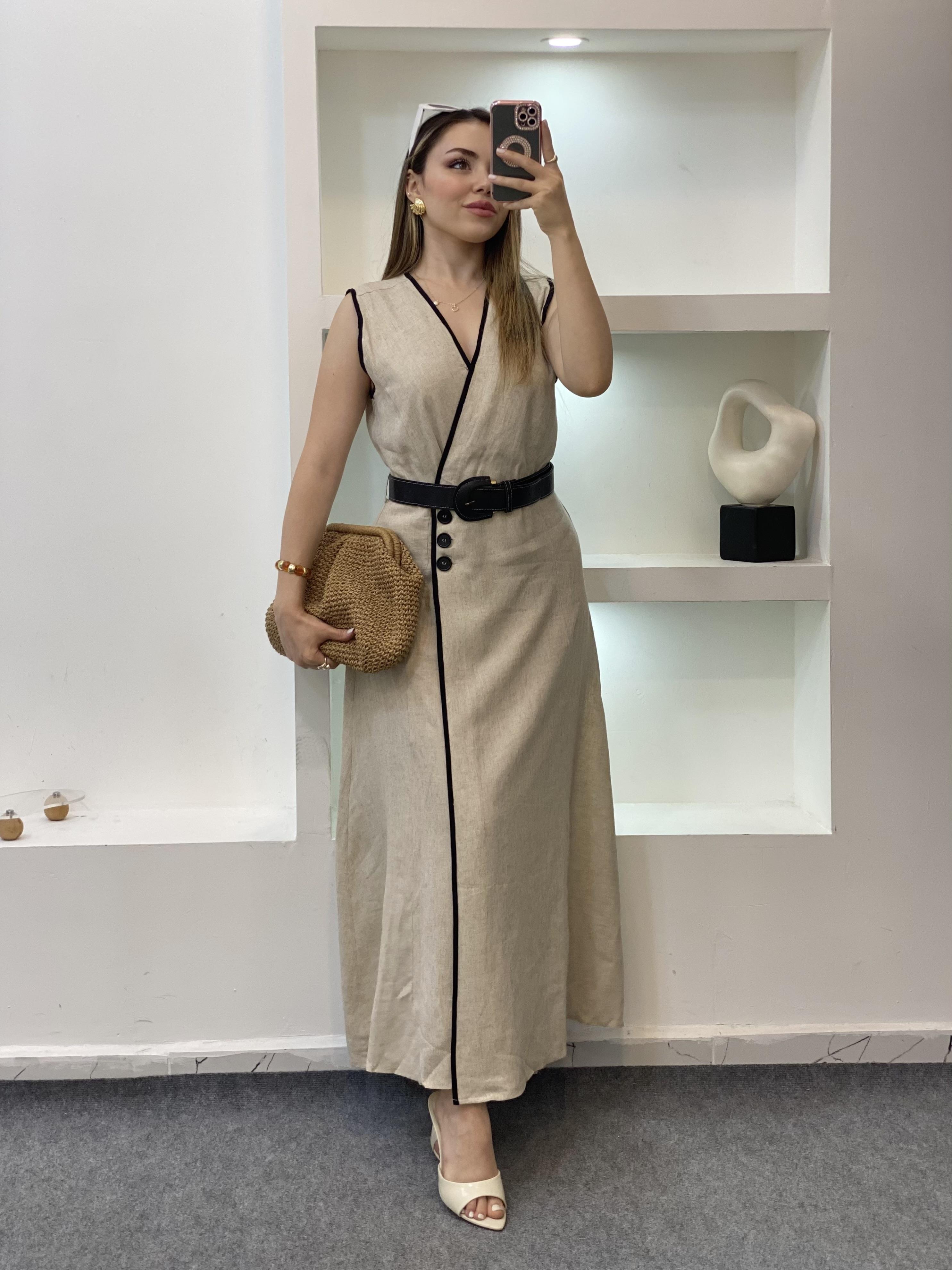 Bej Kemerli Model Keten Elbise