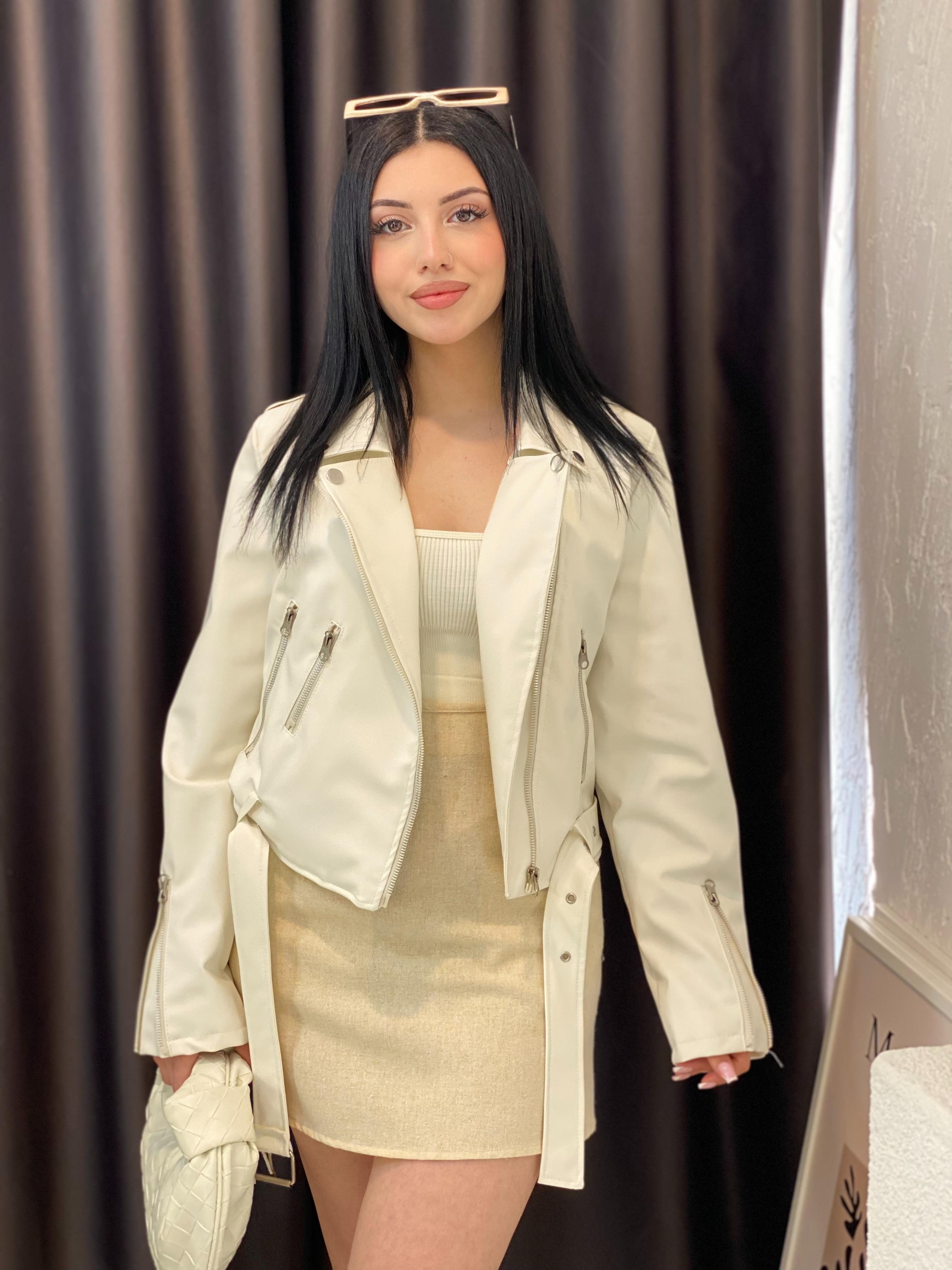 Bej Kruvaze Yaka Deri Ceket 