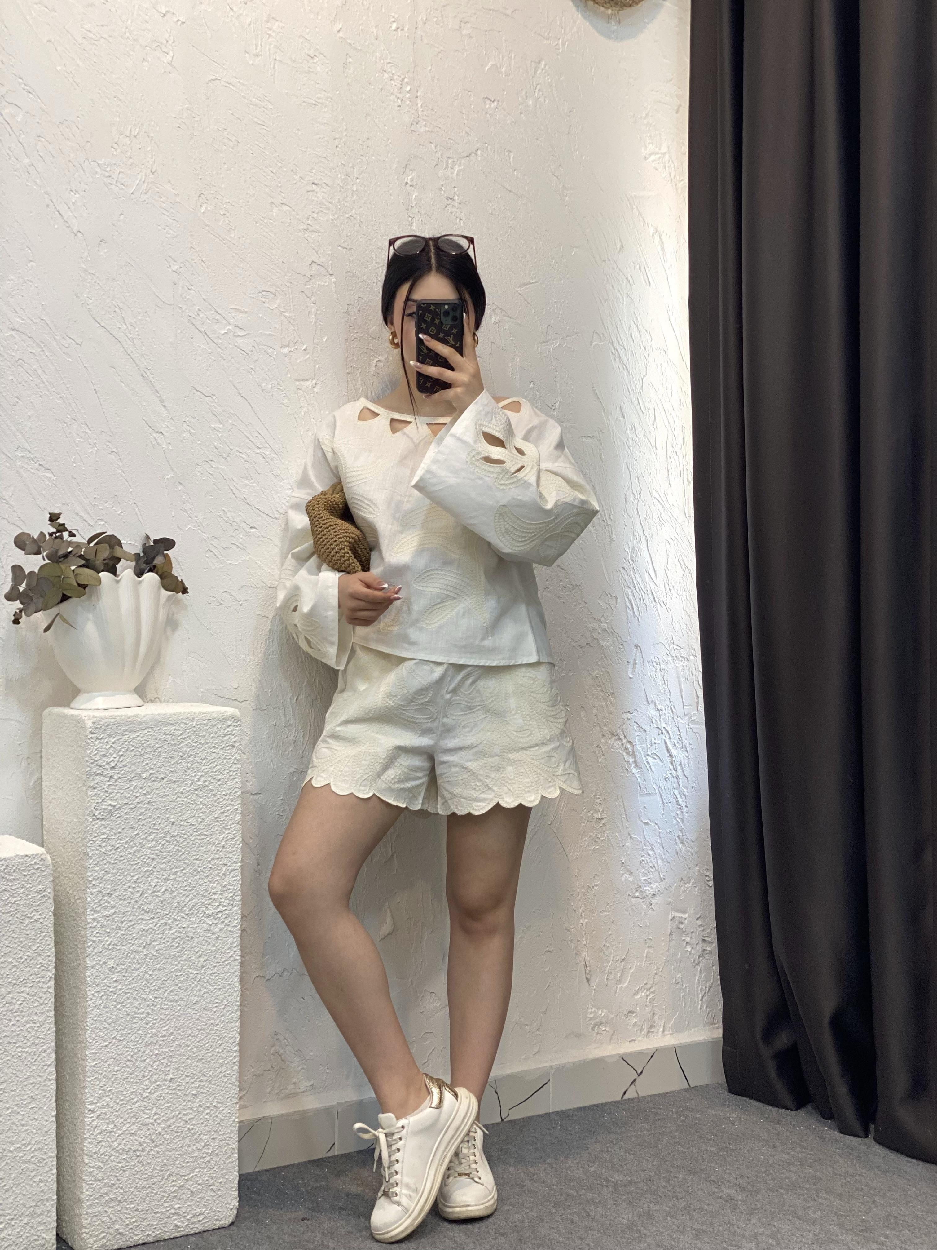 Bej Natural Keten Şortlu Takım