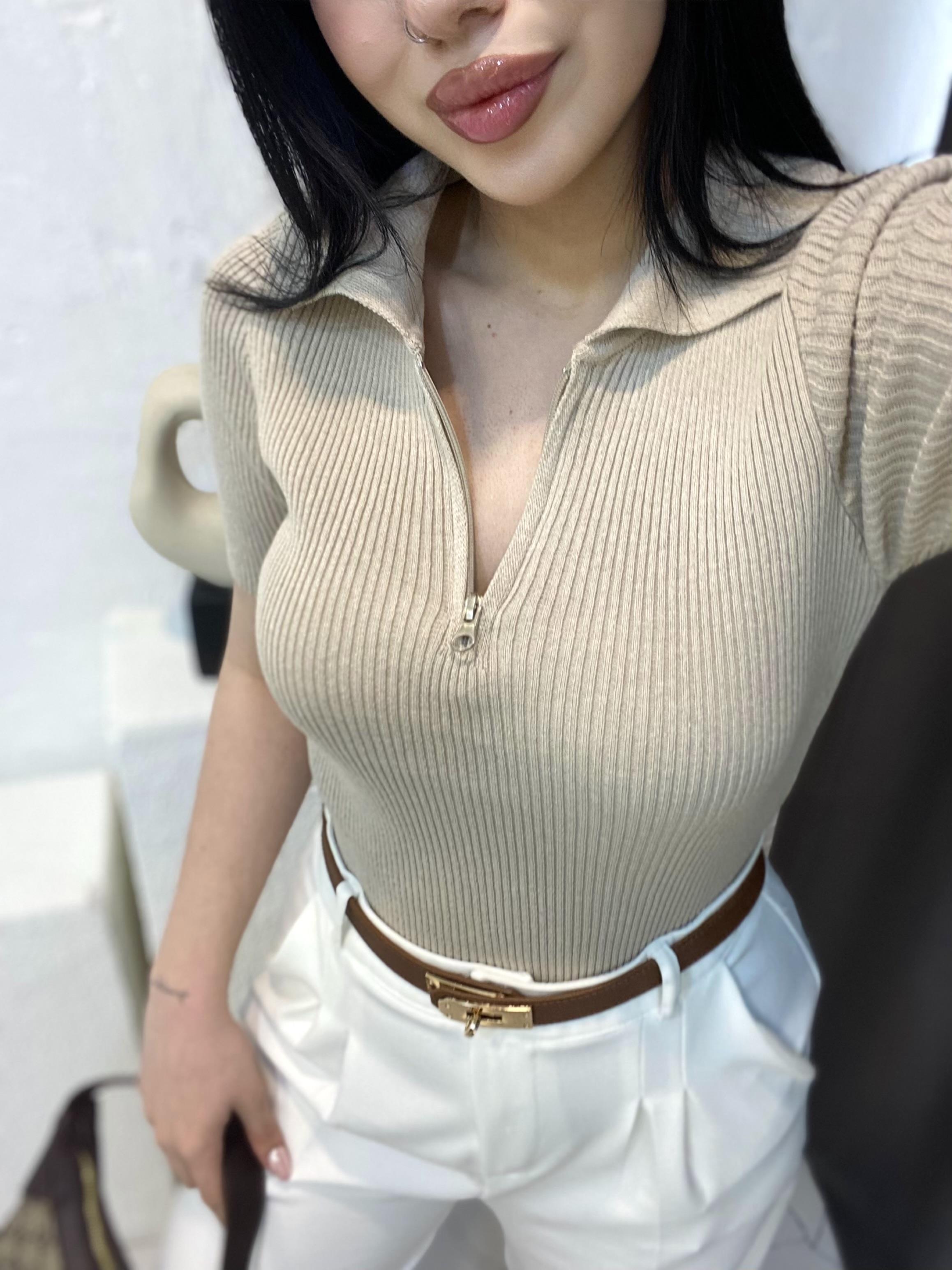 Bej Polo Yaka Fermuarlı Triko