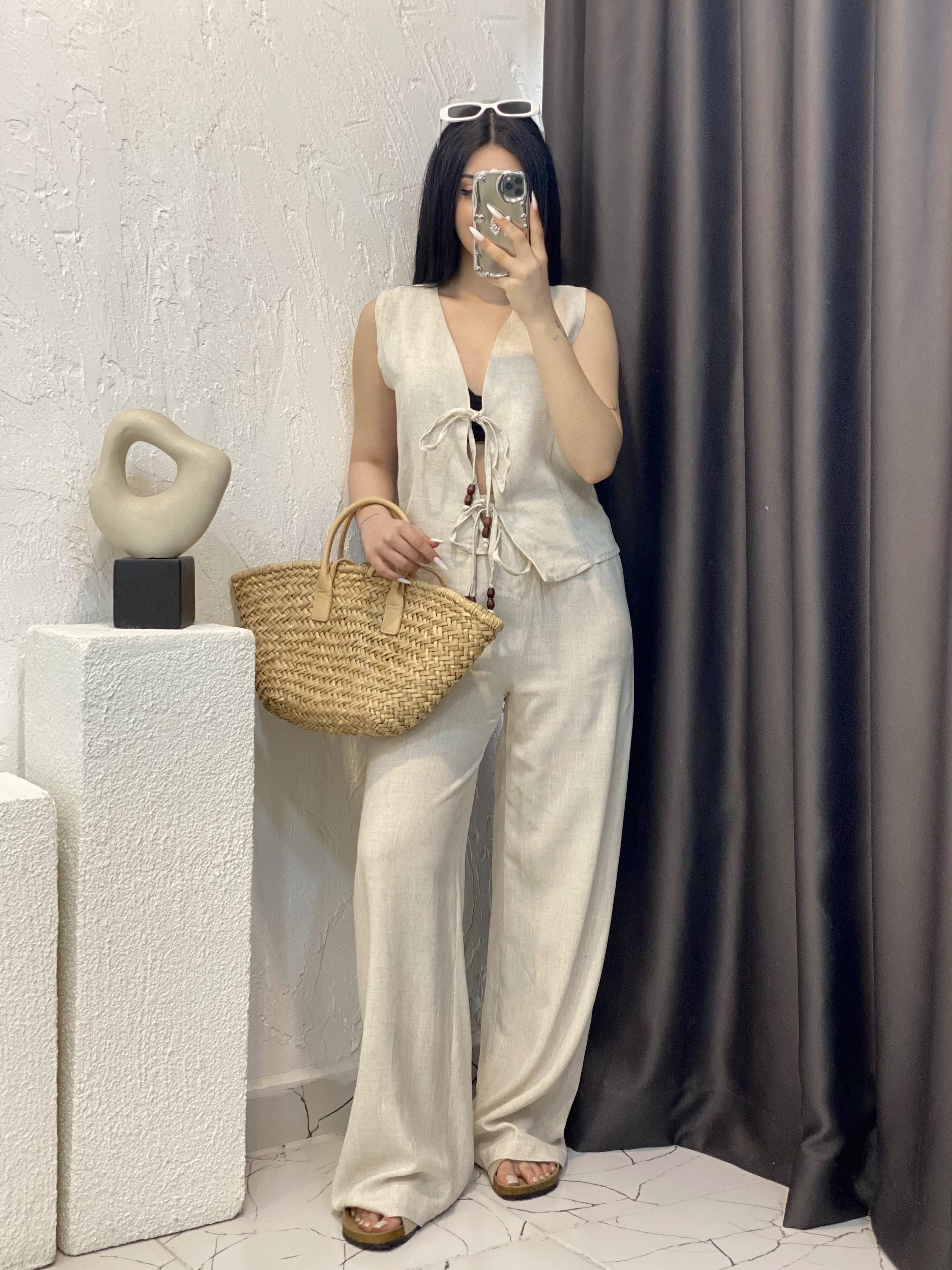 Bej Renk Premium Natural Keten Takım