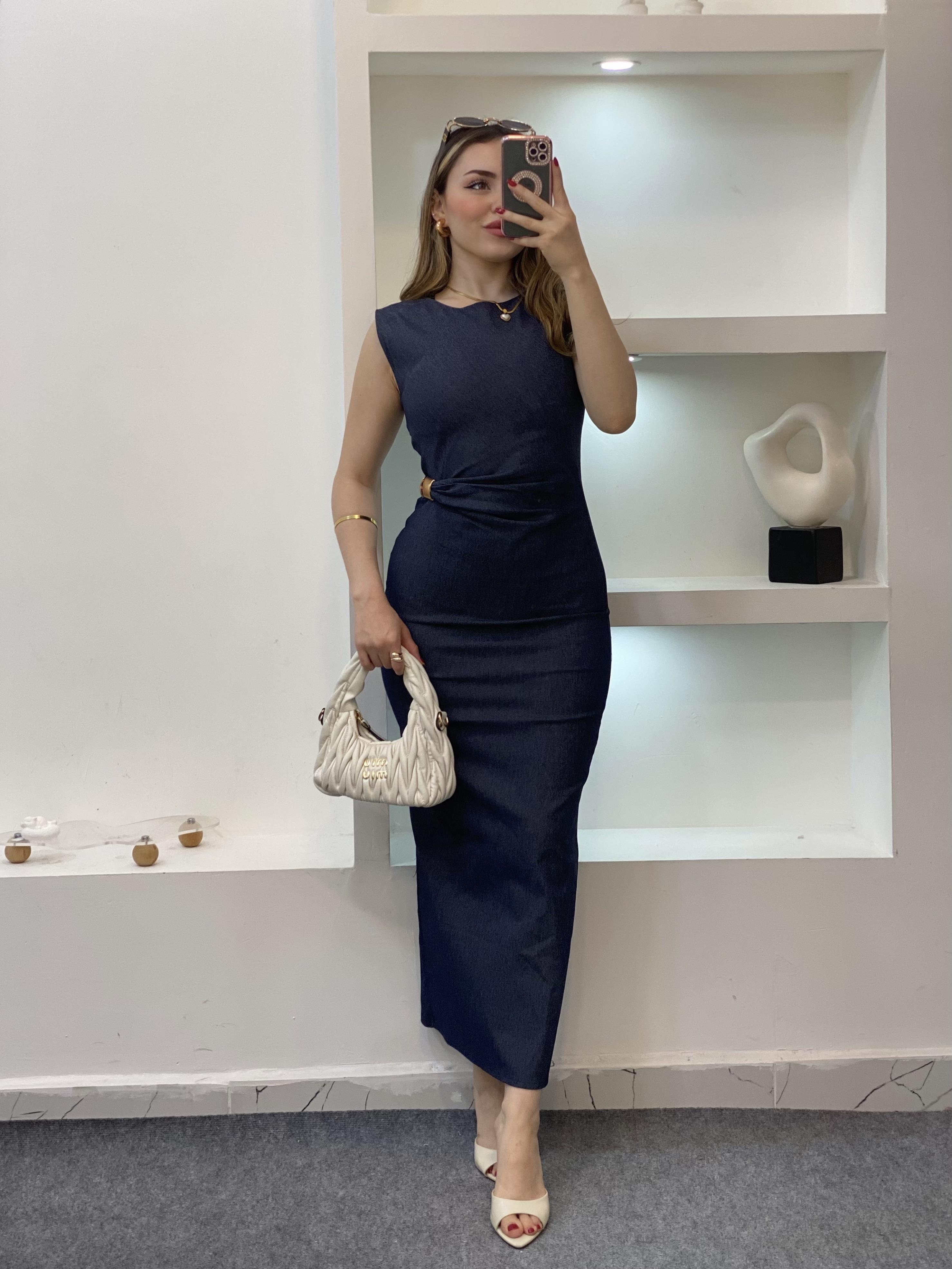 Beli Gold Tokalı Model Likralı Jean Elbise