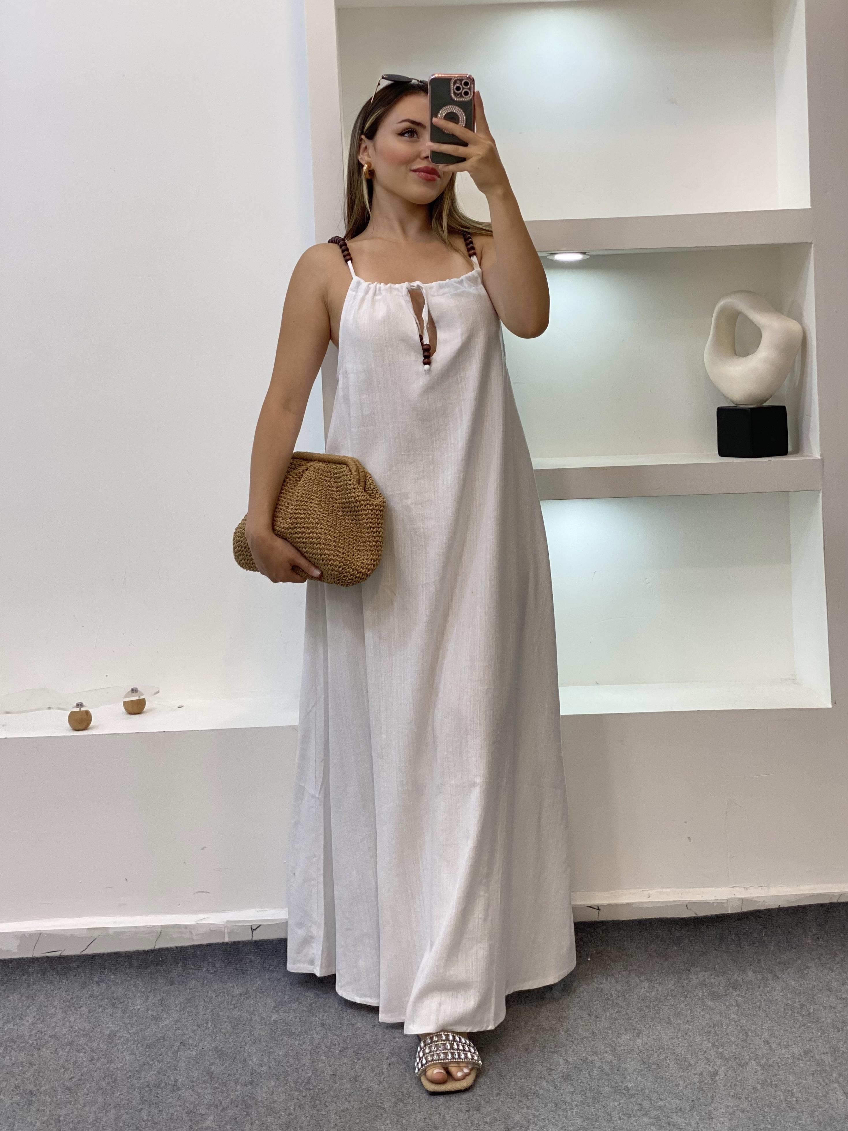 Beyaz Boncuk Askılı Keten Elbise 