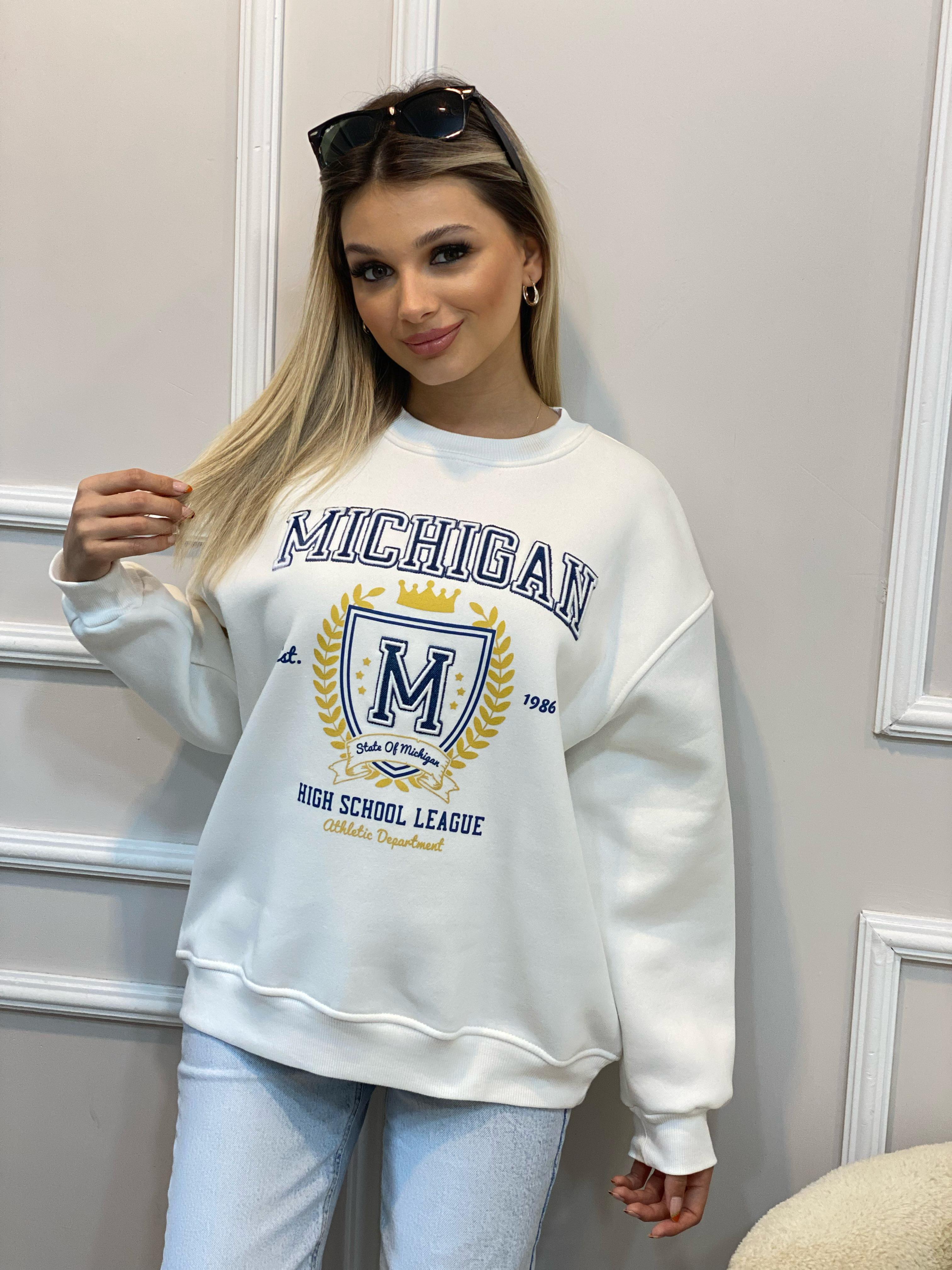 Beyaz Mıchıgan Şardonlu Sweatshirt 