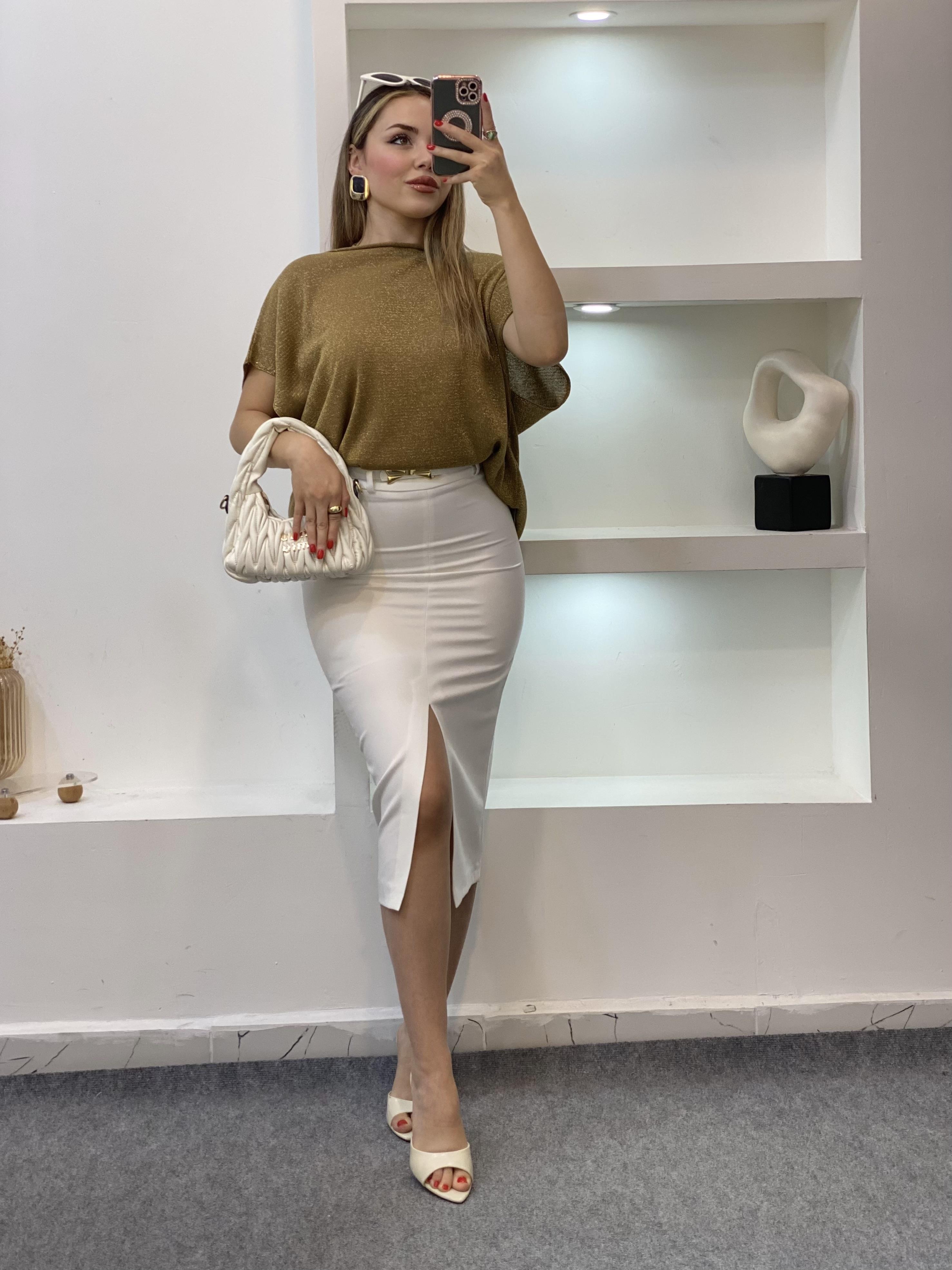 Beyaz Önü Yırtmaçlı Kalem Etek