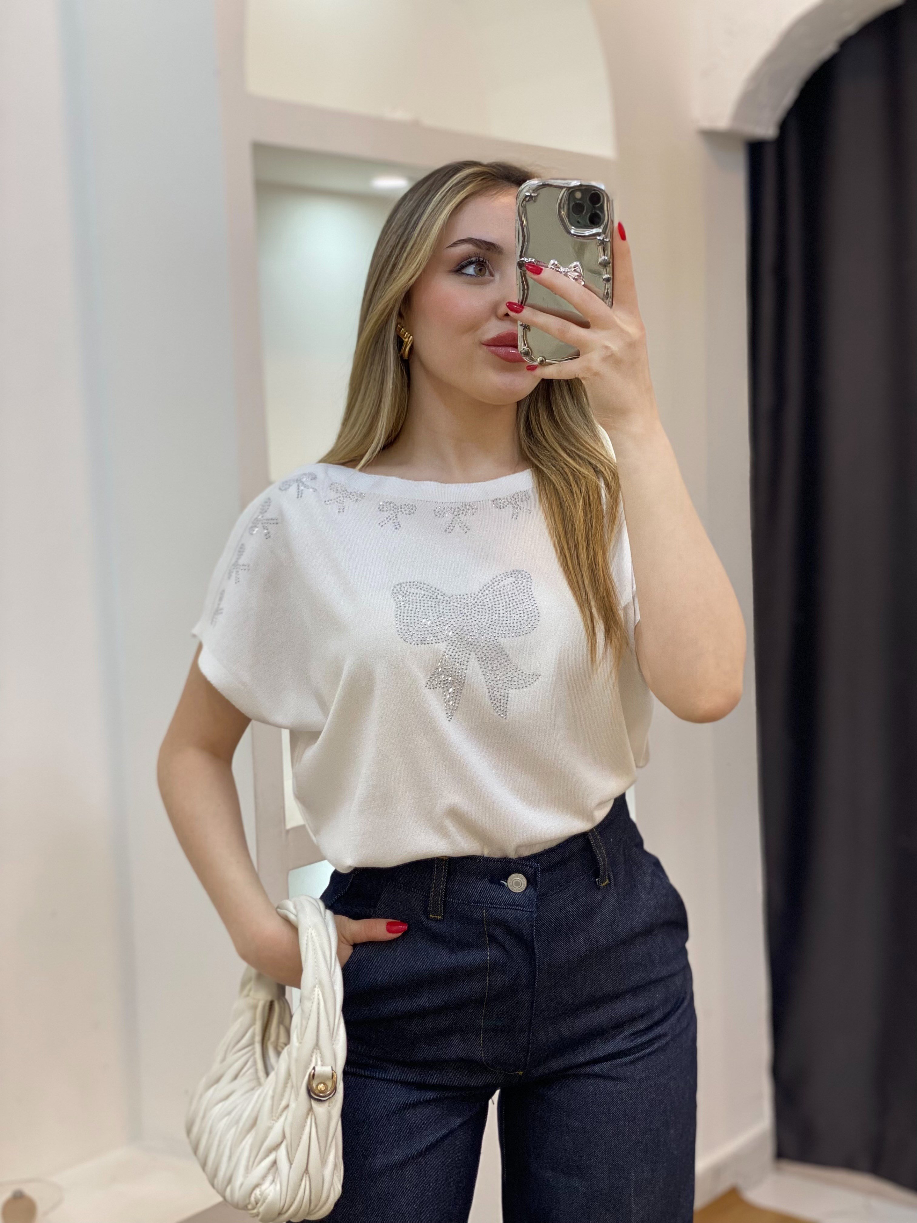 Beyaz Parıltılı Taşlı Merserize Triko Bluz