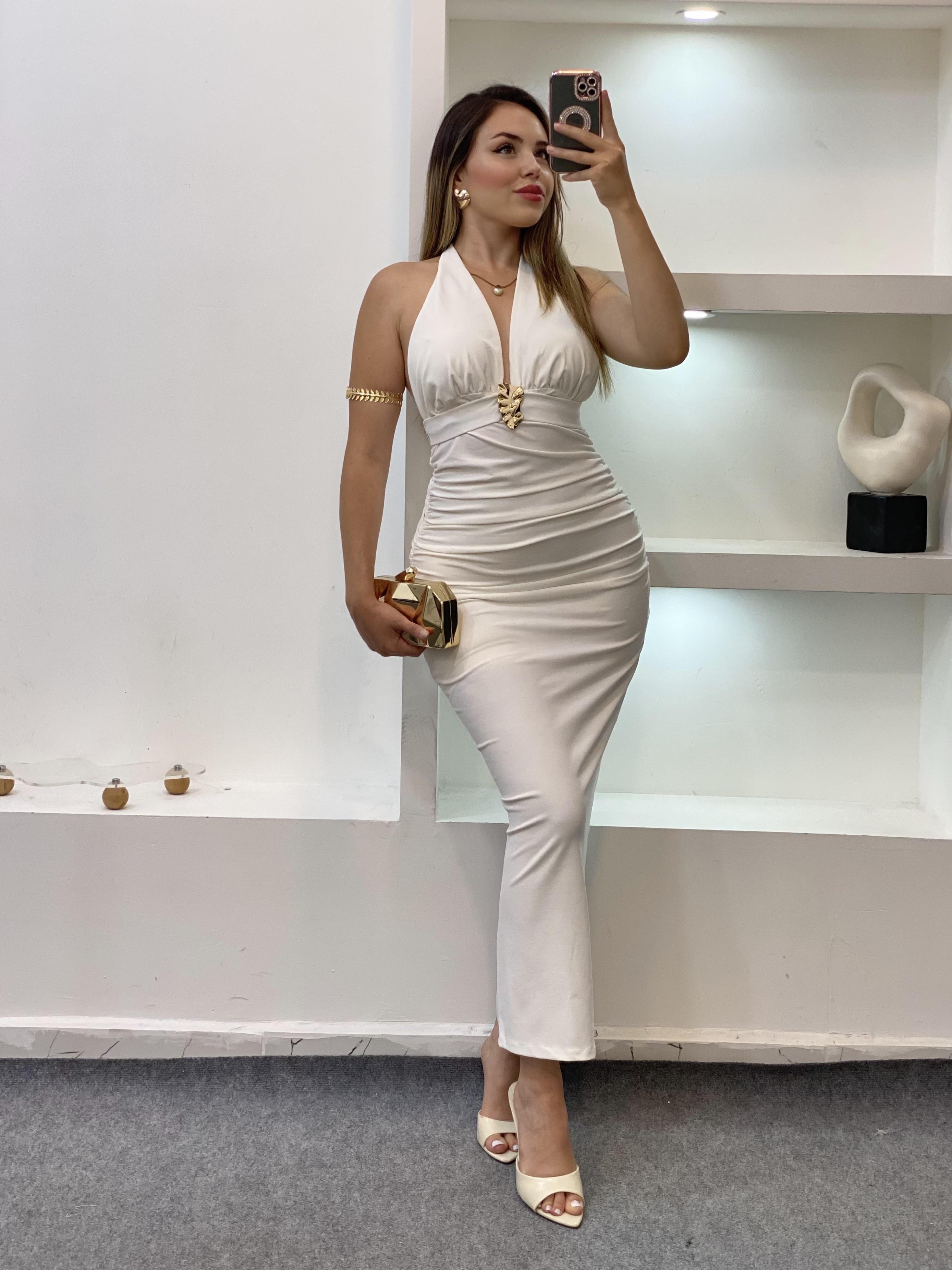 Beyaz Premium Kalite Sırt Dekolteli Elbise