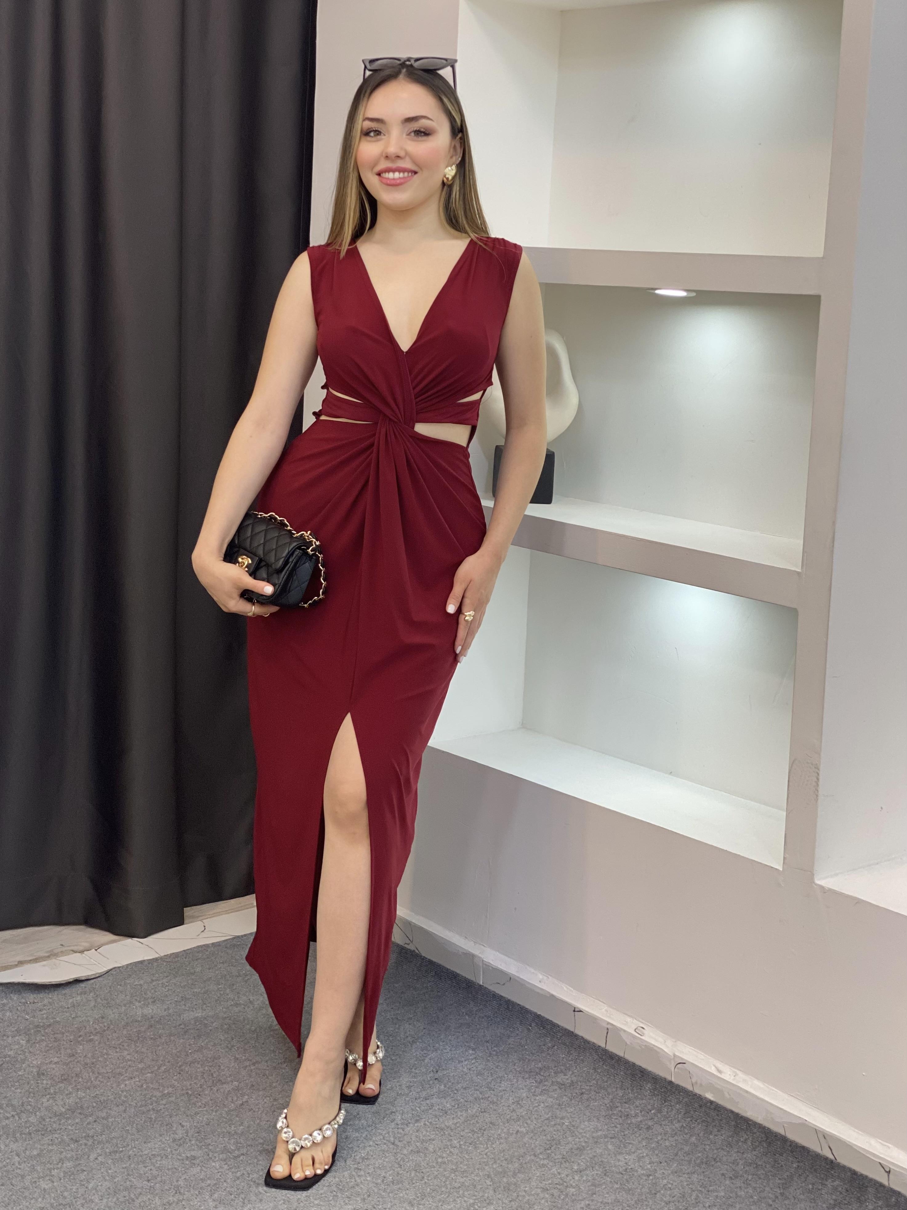 Bordo Bel Düğümlü Sandy Elbise