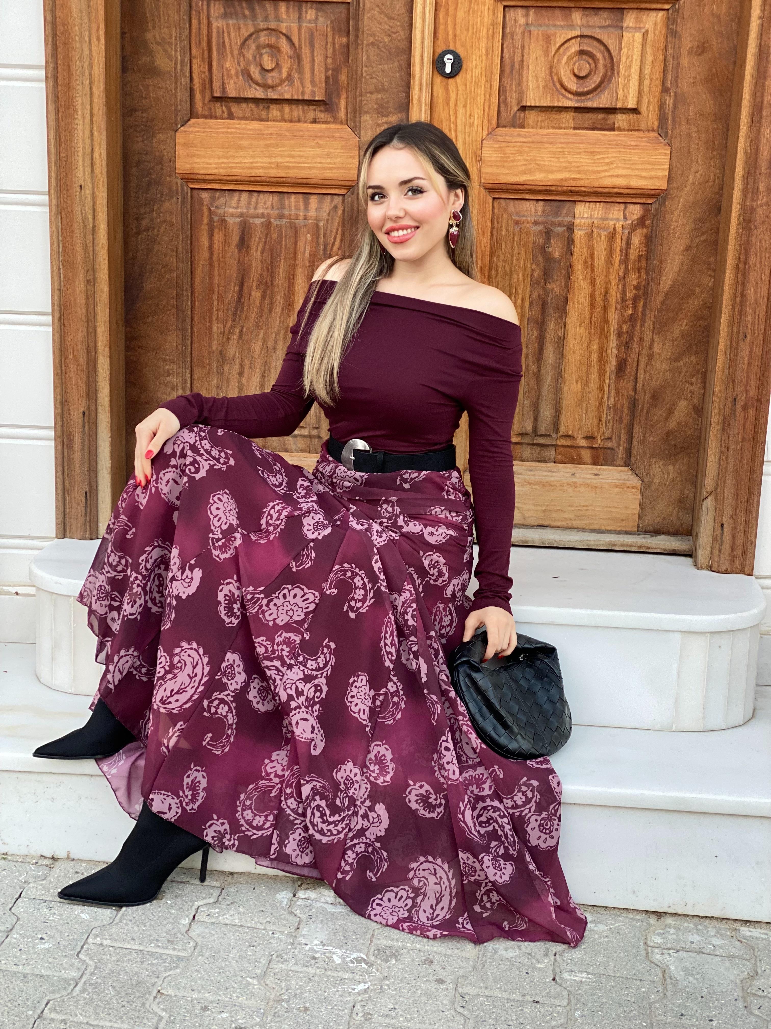 Bordo Beli Drapeli Etek