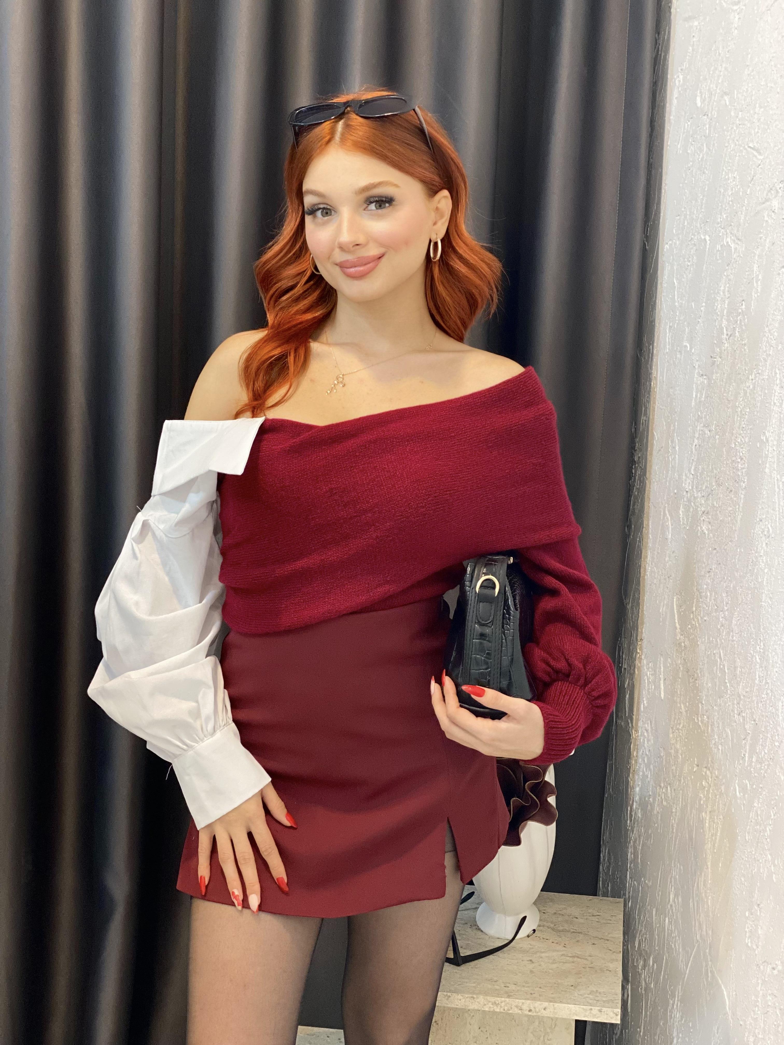 Bordo Gömlek Yakalı Triko Kazak