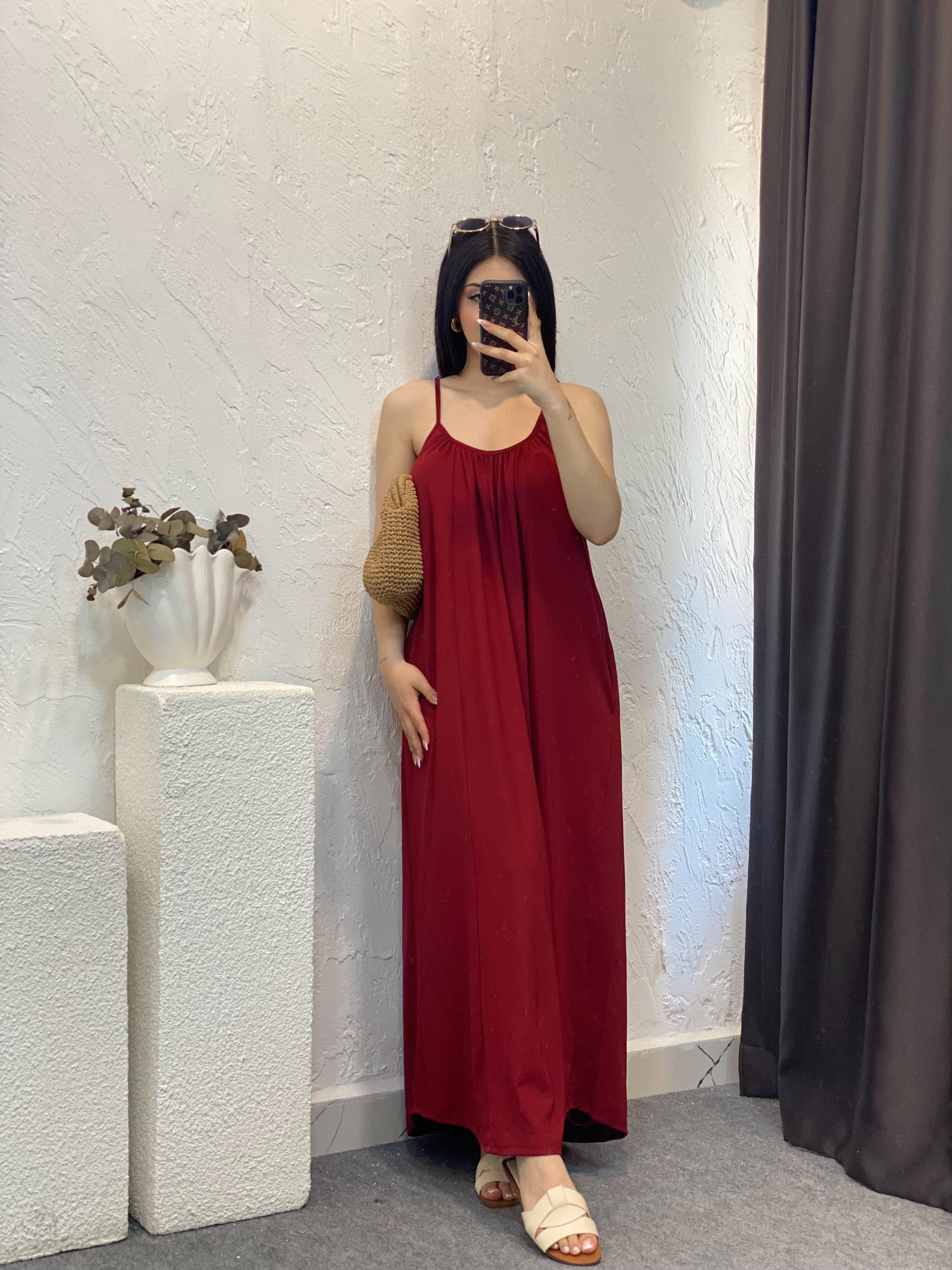 Bordo İp Ayarlanabilir Askılı Modal Kumaş Elbise 