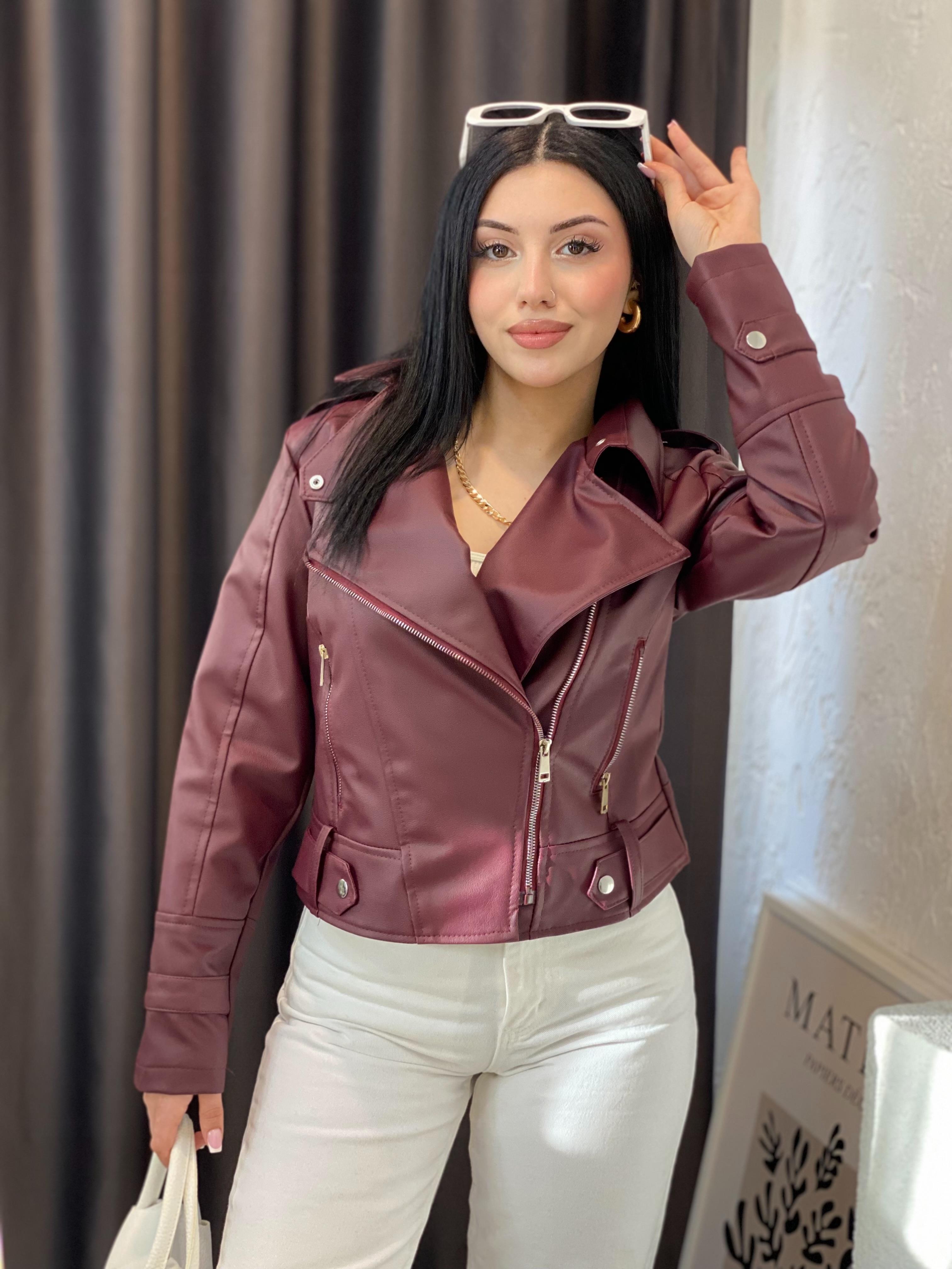 Bordo Kruvaze Yaka Deri Ceket 