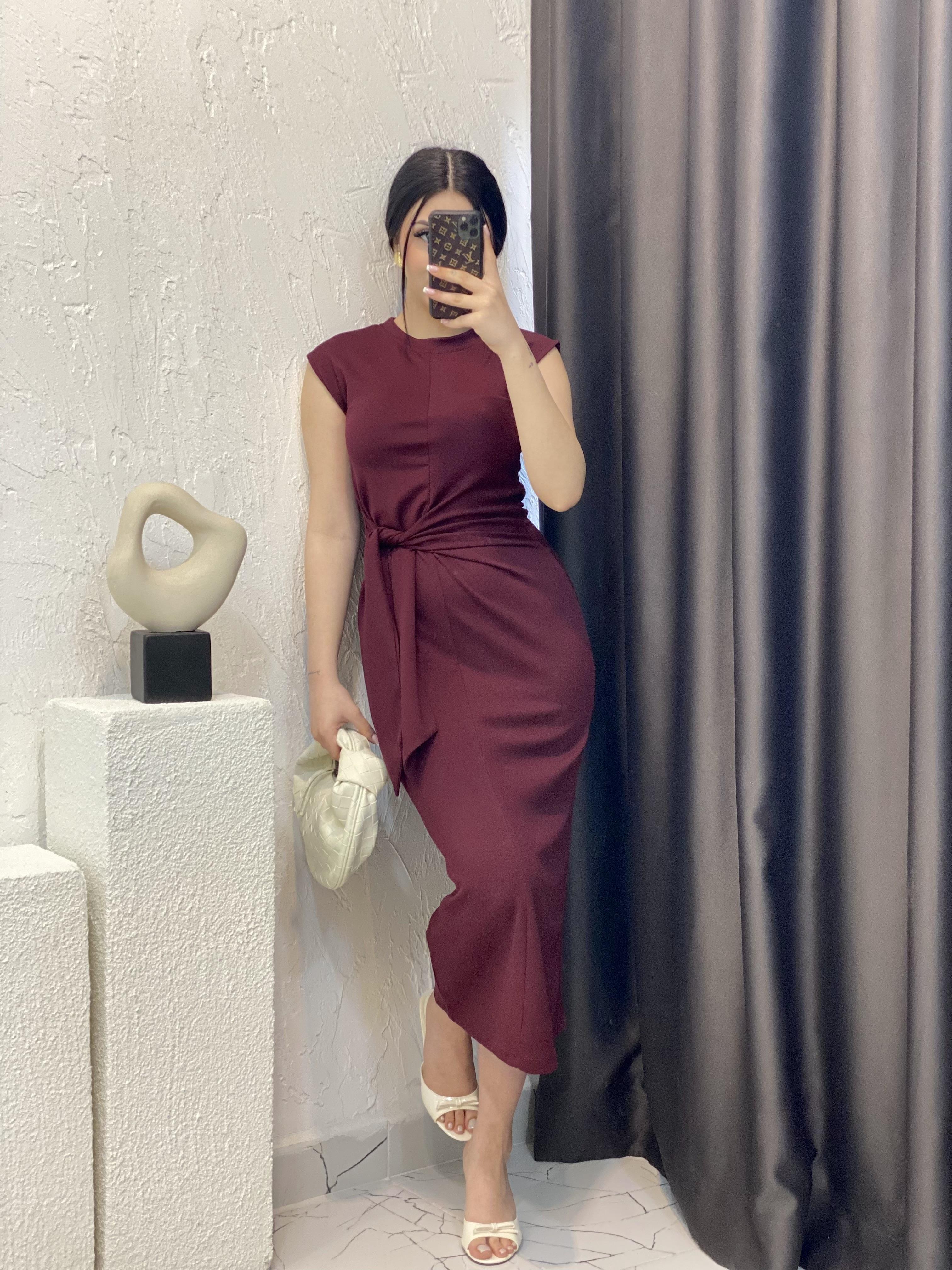 Bordo Kuşak Detaylı Modal Kumaş Elbise 