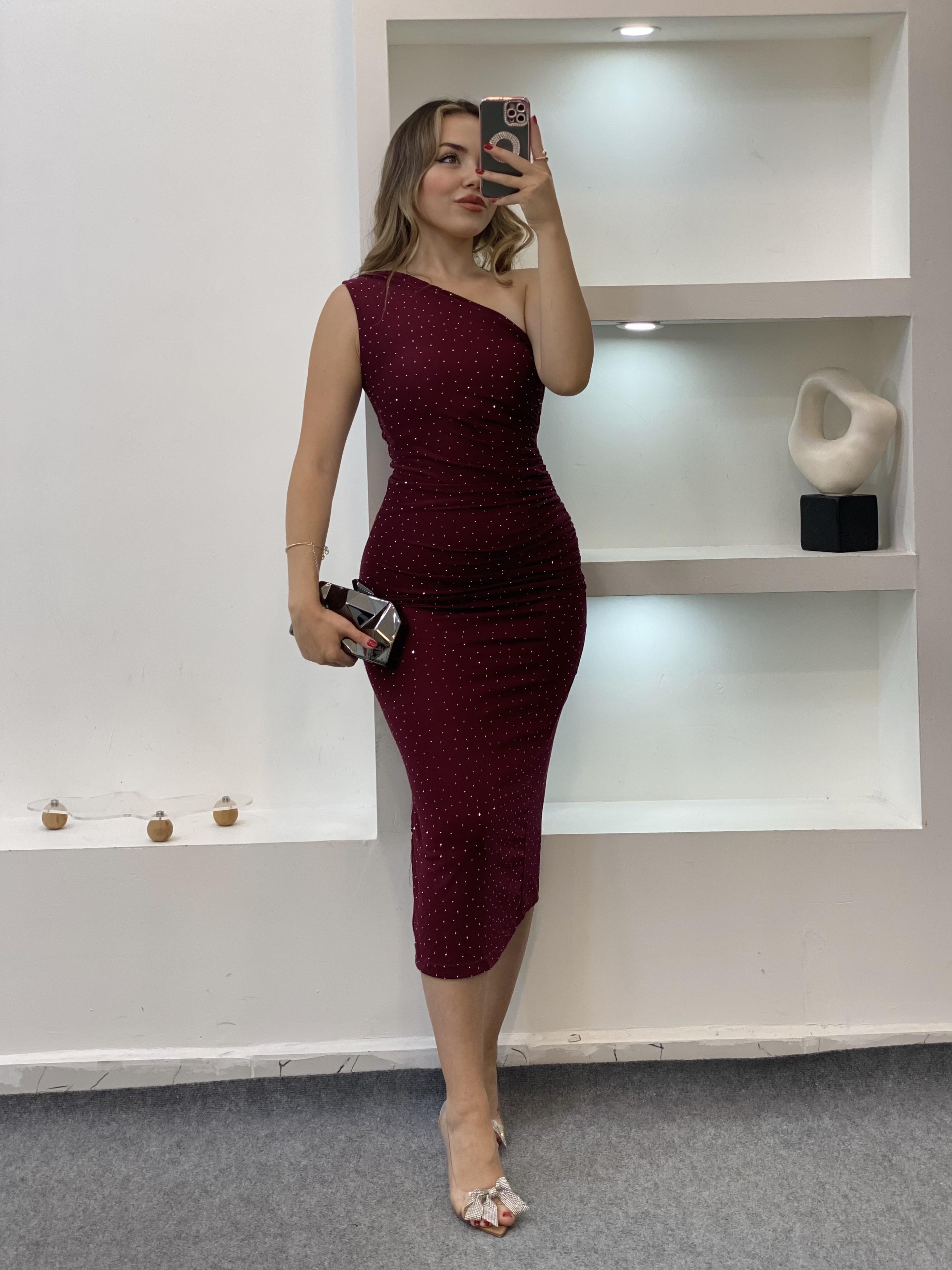 Bordo Parıltılı Taşlı Elbise