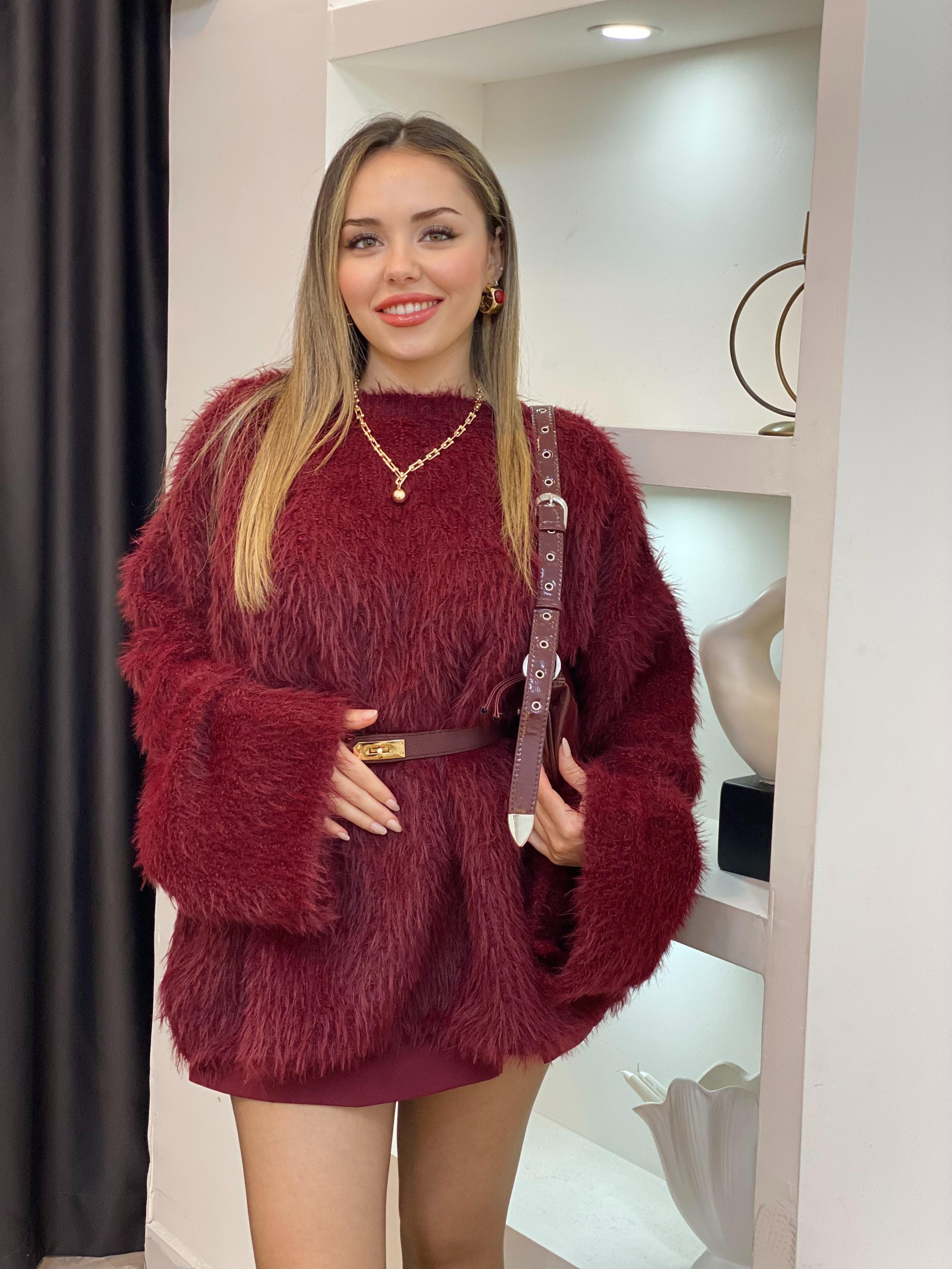 Bordo Peluş Kürk Dokulu Premium Kazak