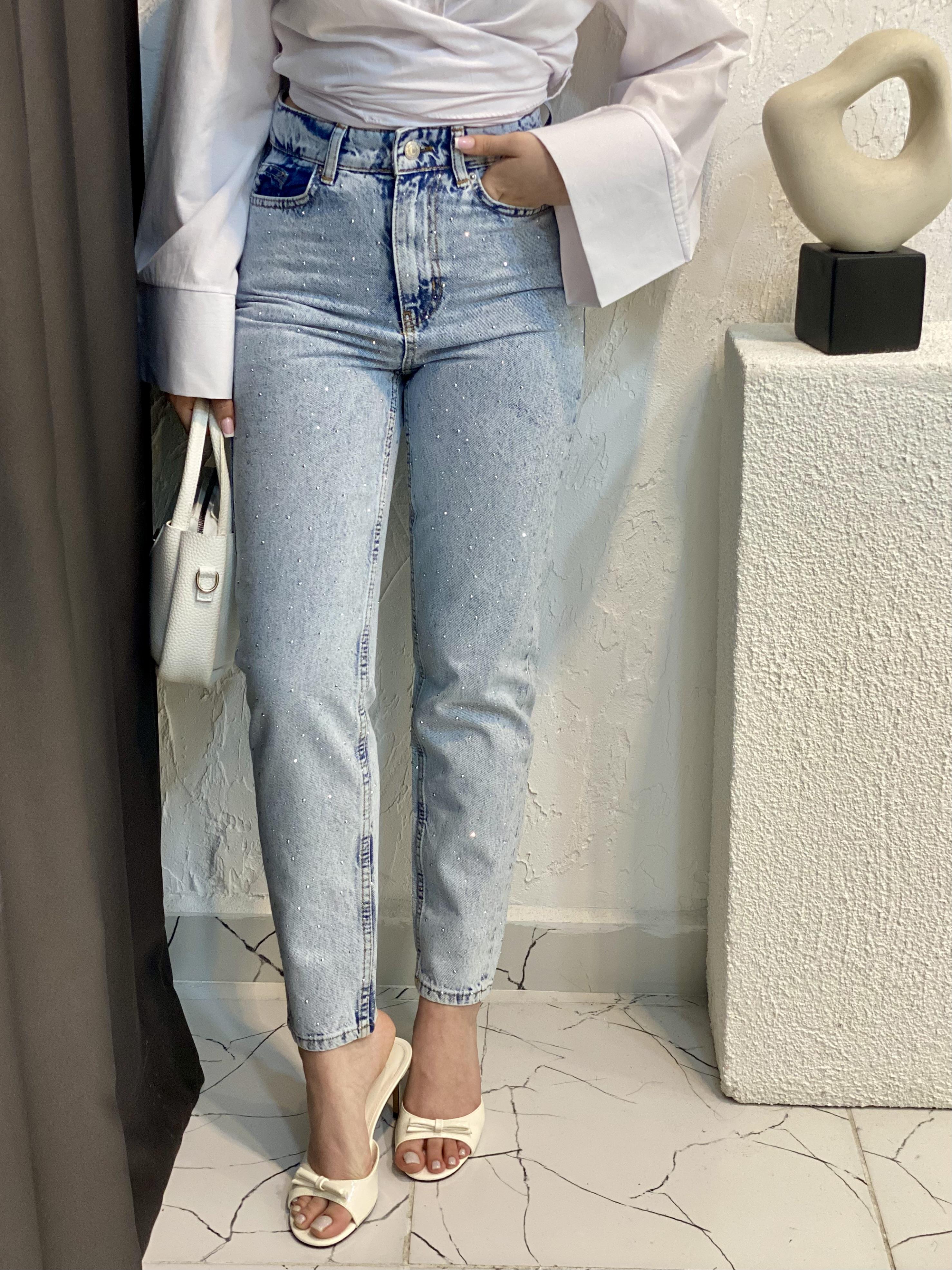 Buz Mavi Full Taşlı Boyfit Jean 