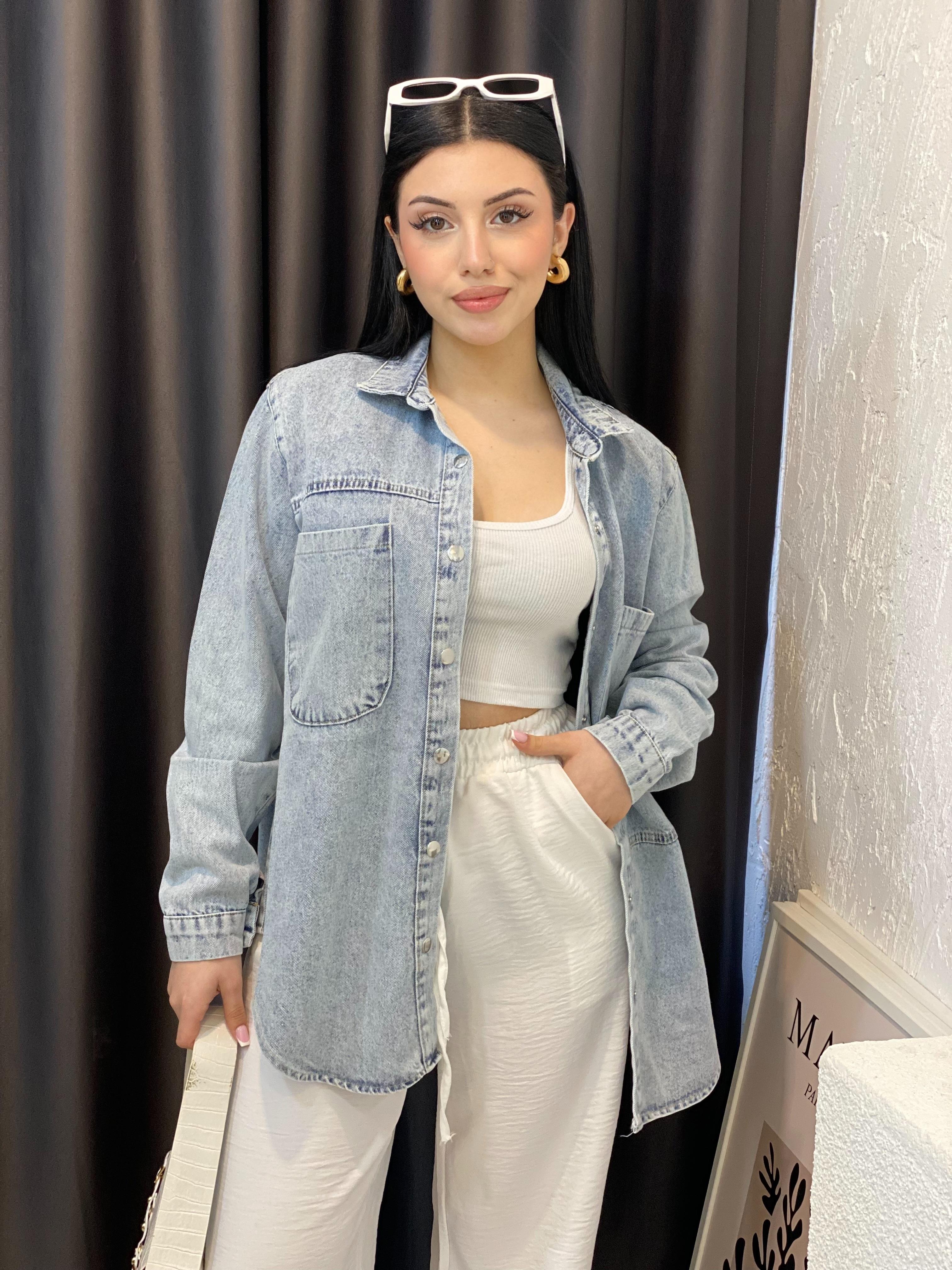 Buz Mavi Önü Cepli Kot Ceket 