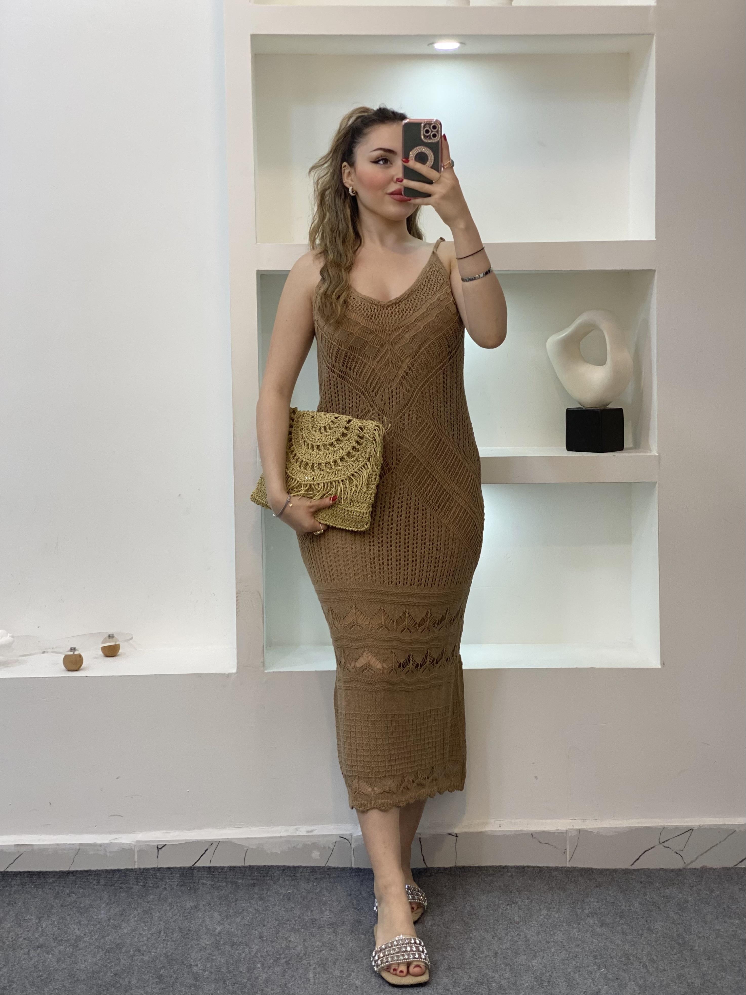 Camel Desenli Triko Elbise