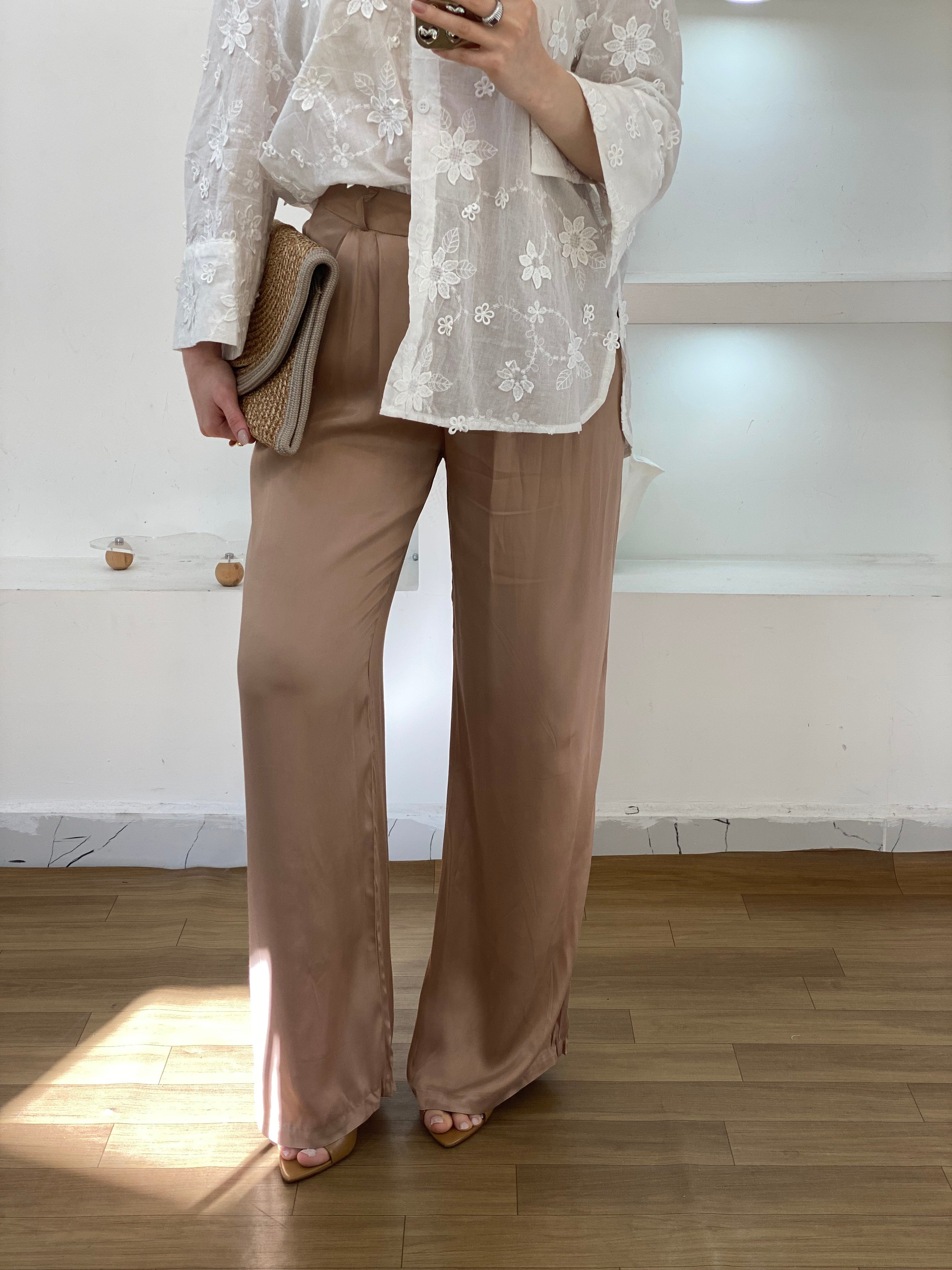 Camel Renk Saten Pantolon 