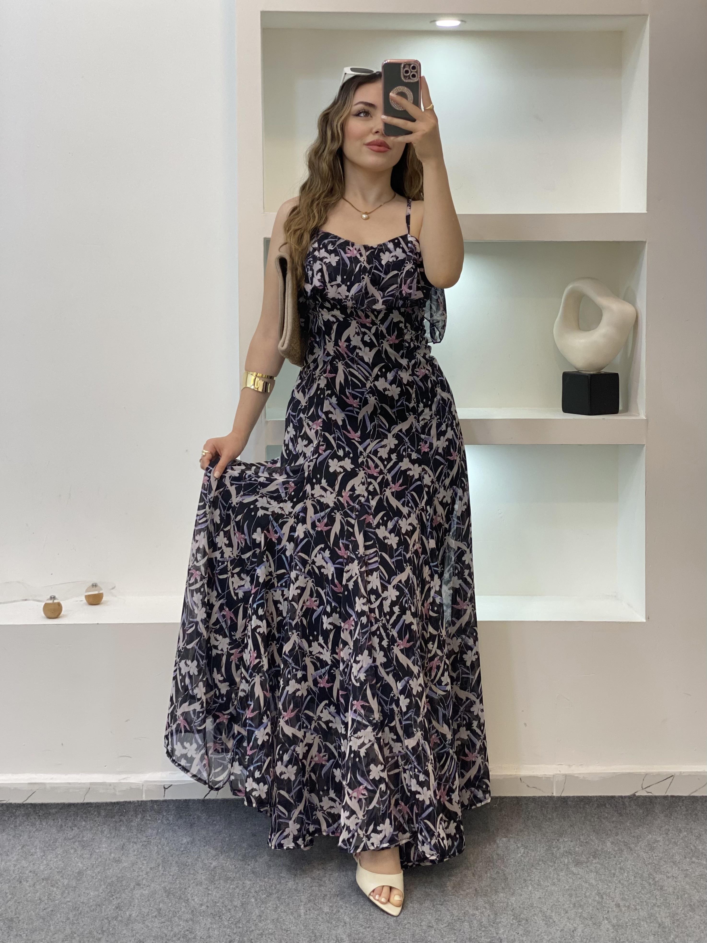 Çiçek Desen Askılı Şifon Elbise