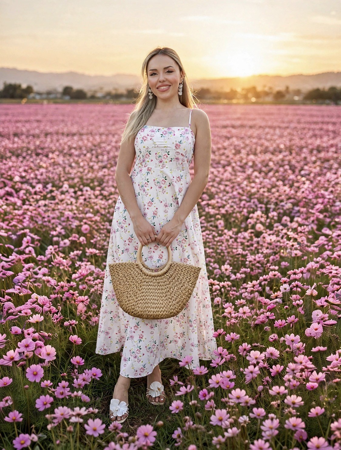 Çiçek Desenli Beyaz Floral Elbise 