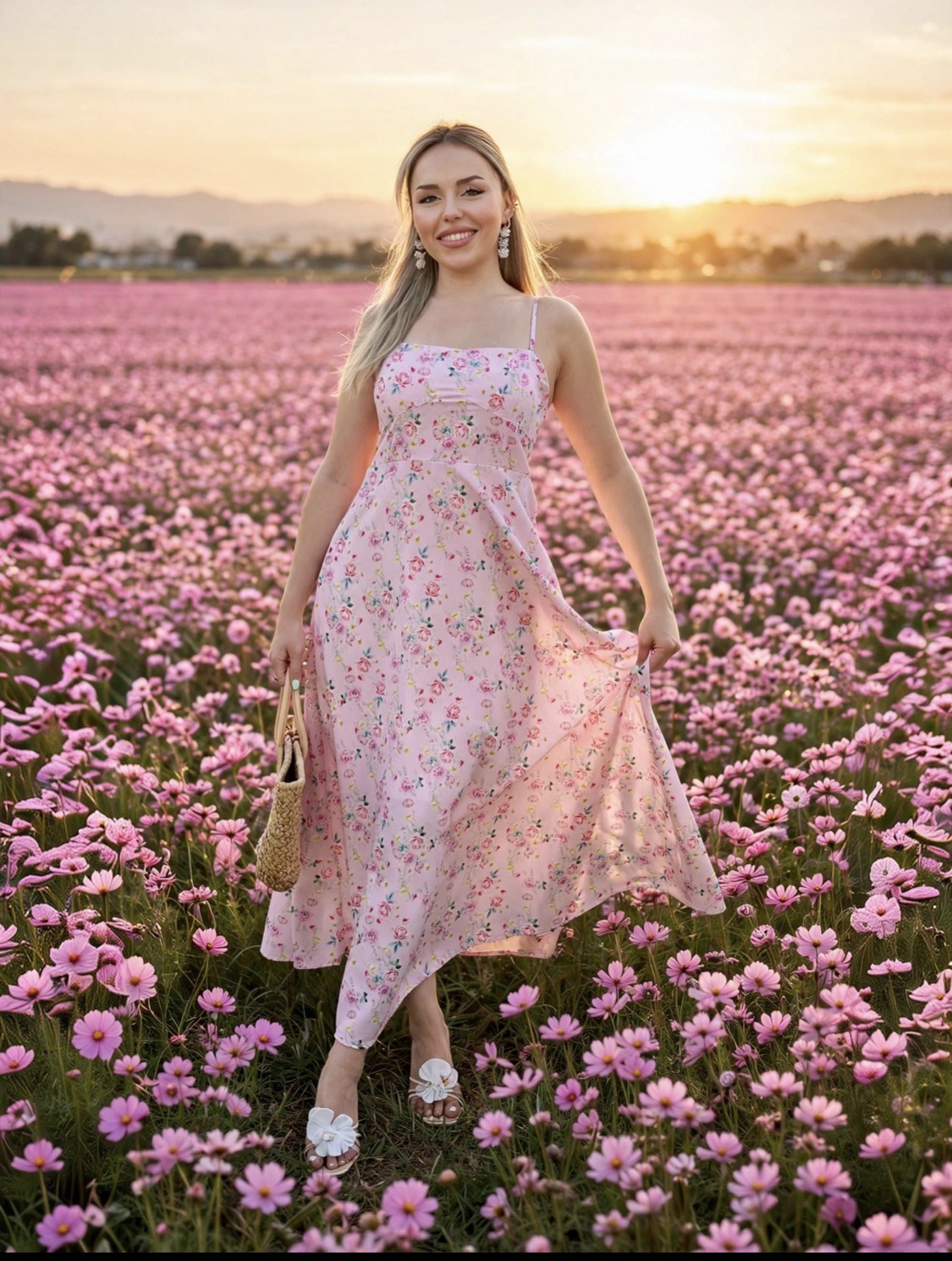 Çiçek Desenli Pembe Floral Elbise 
