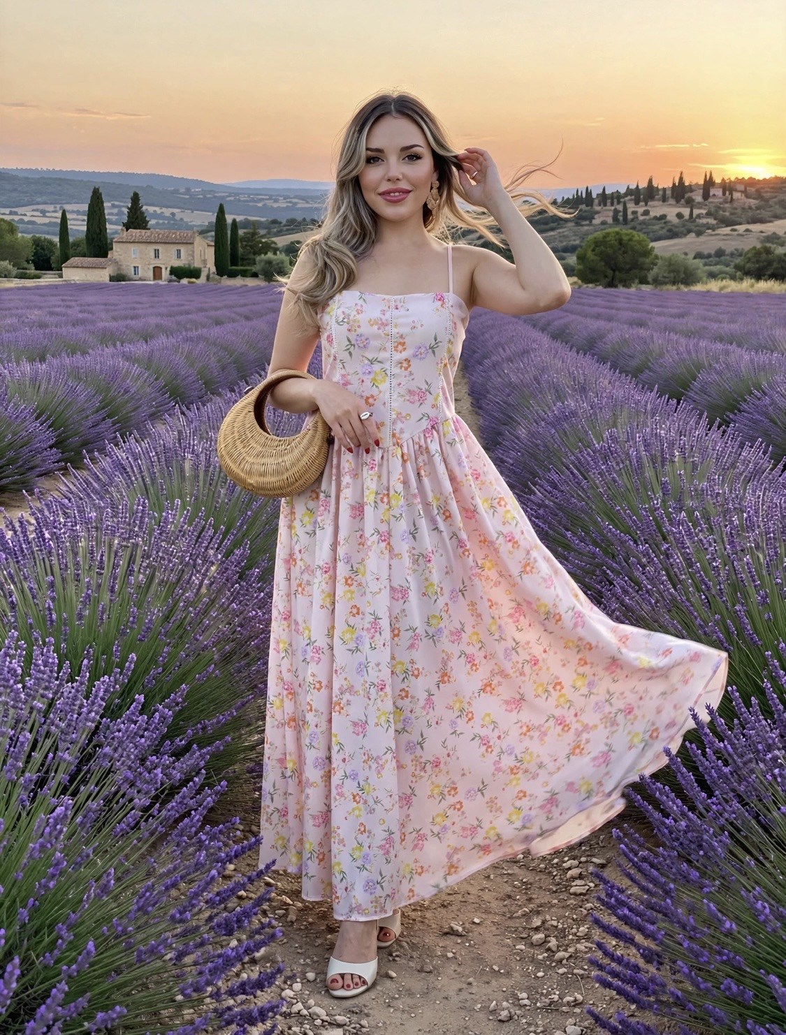 Çiçek Desenli Pudra Pembe Floral Elbise 
