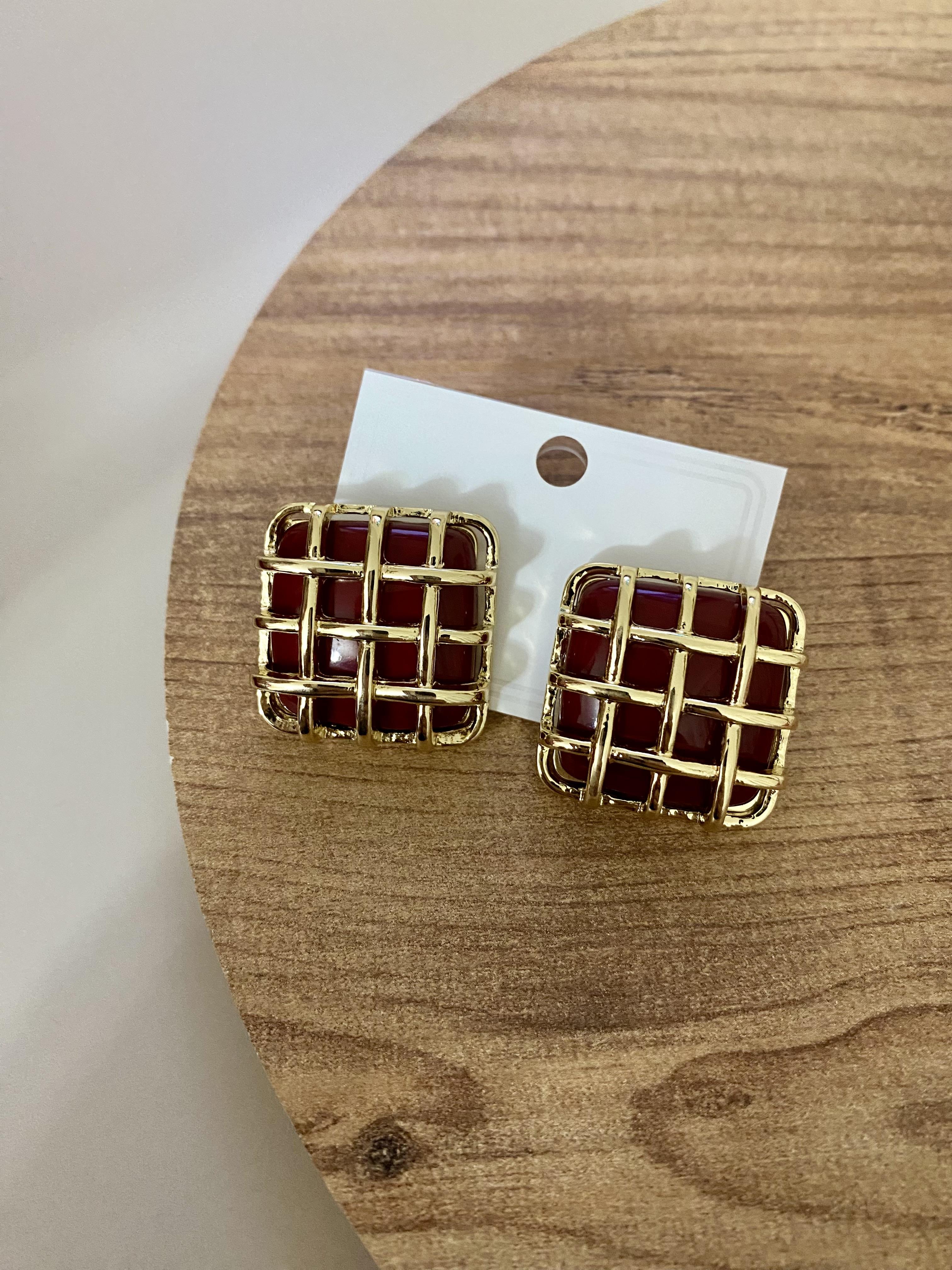 Gold Bordo Kafes Kare Küpe