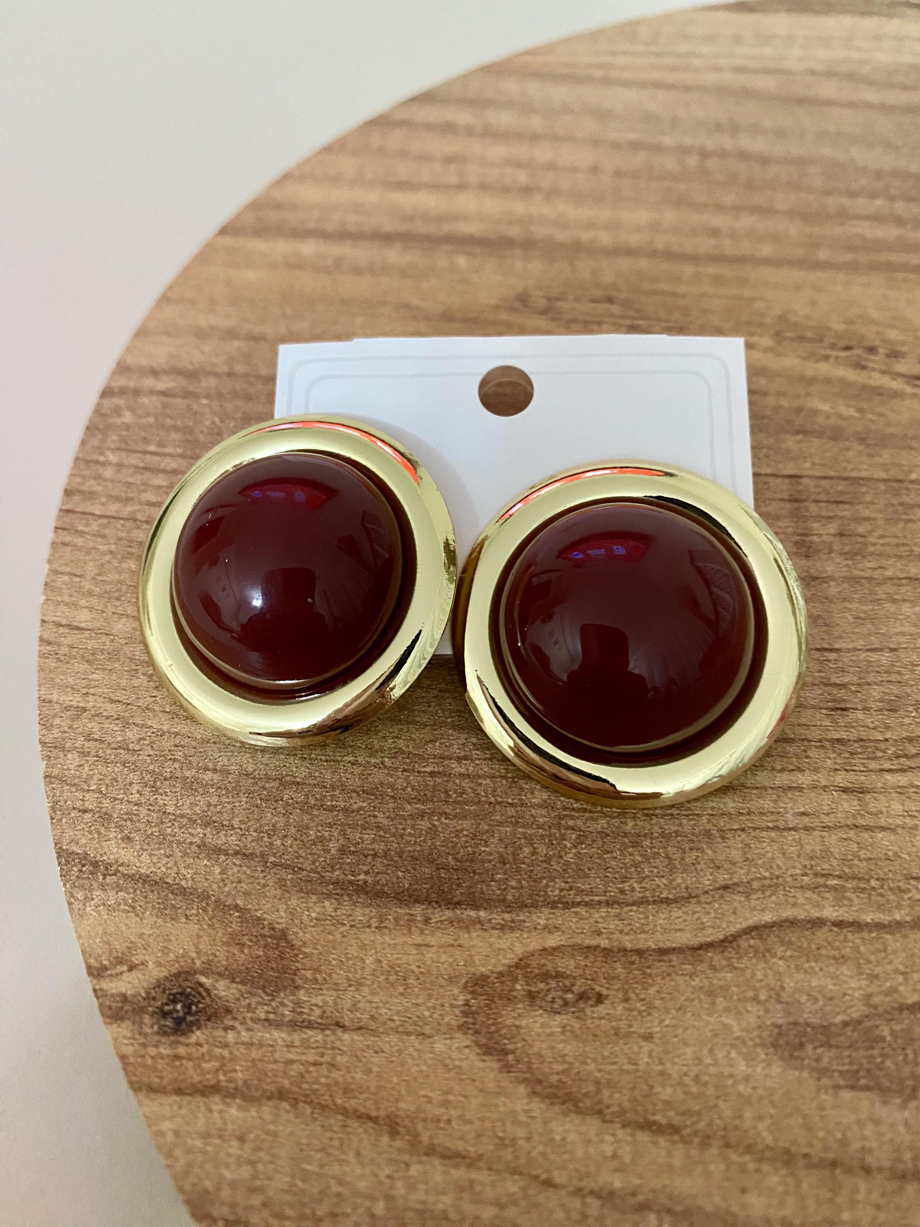 Gold Bordo Mineli Yuvarlak Küpe 