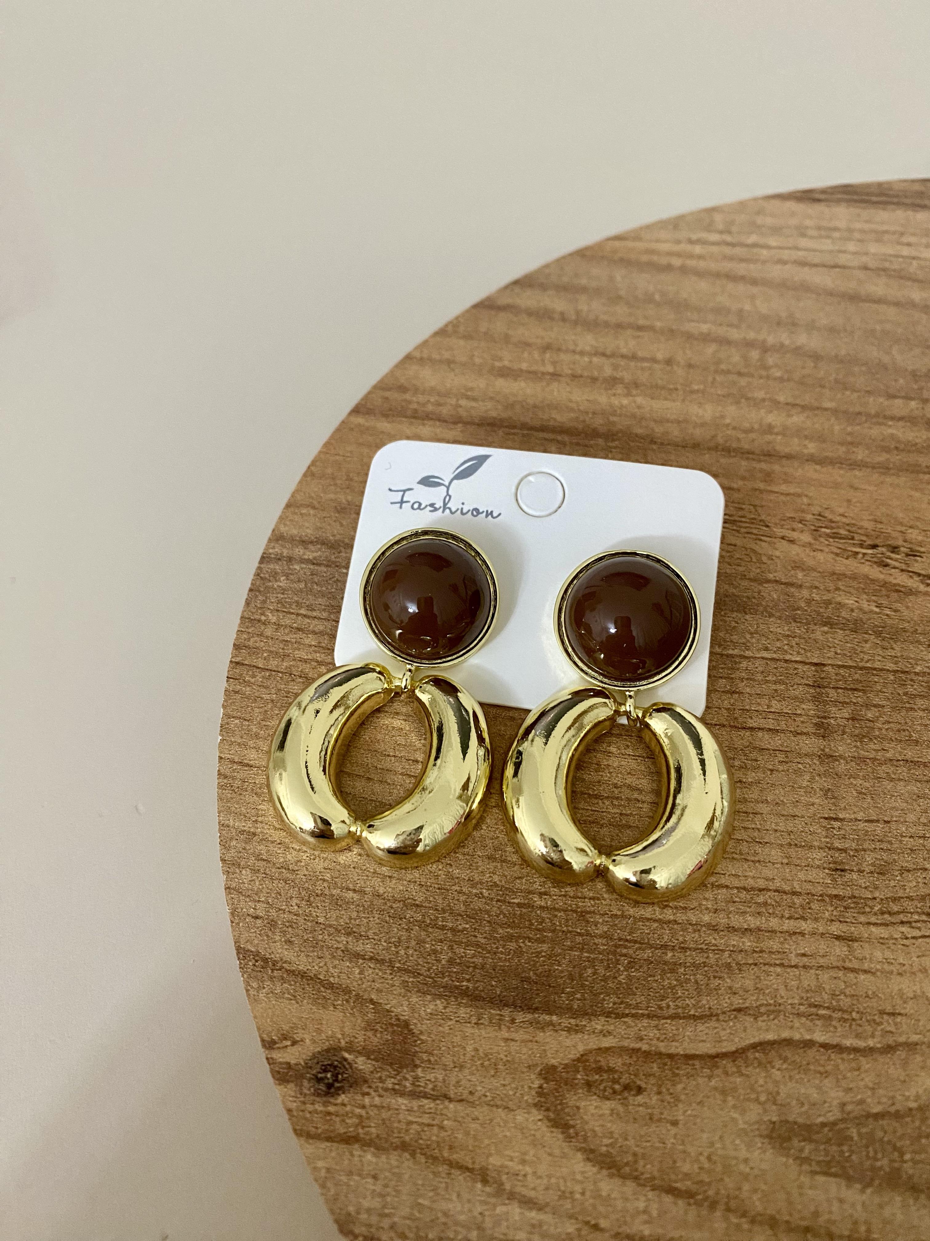 Gold Halka Model Kahve Mineli Küpe 
