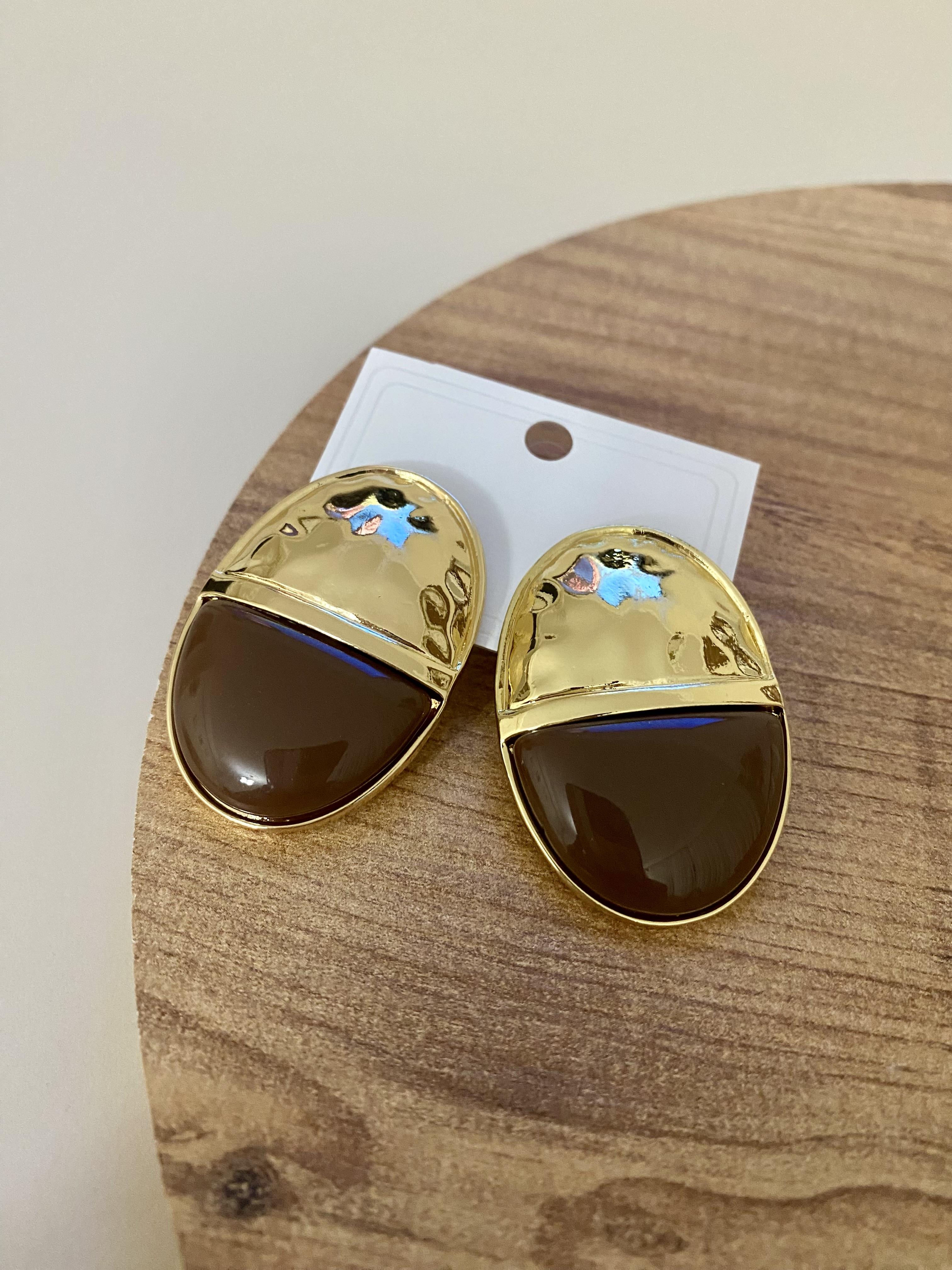 Gold Kahve Oval Plaka Küpe