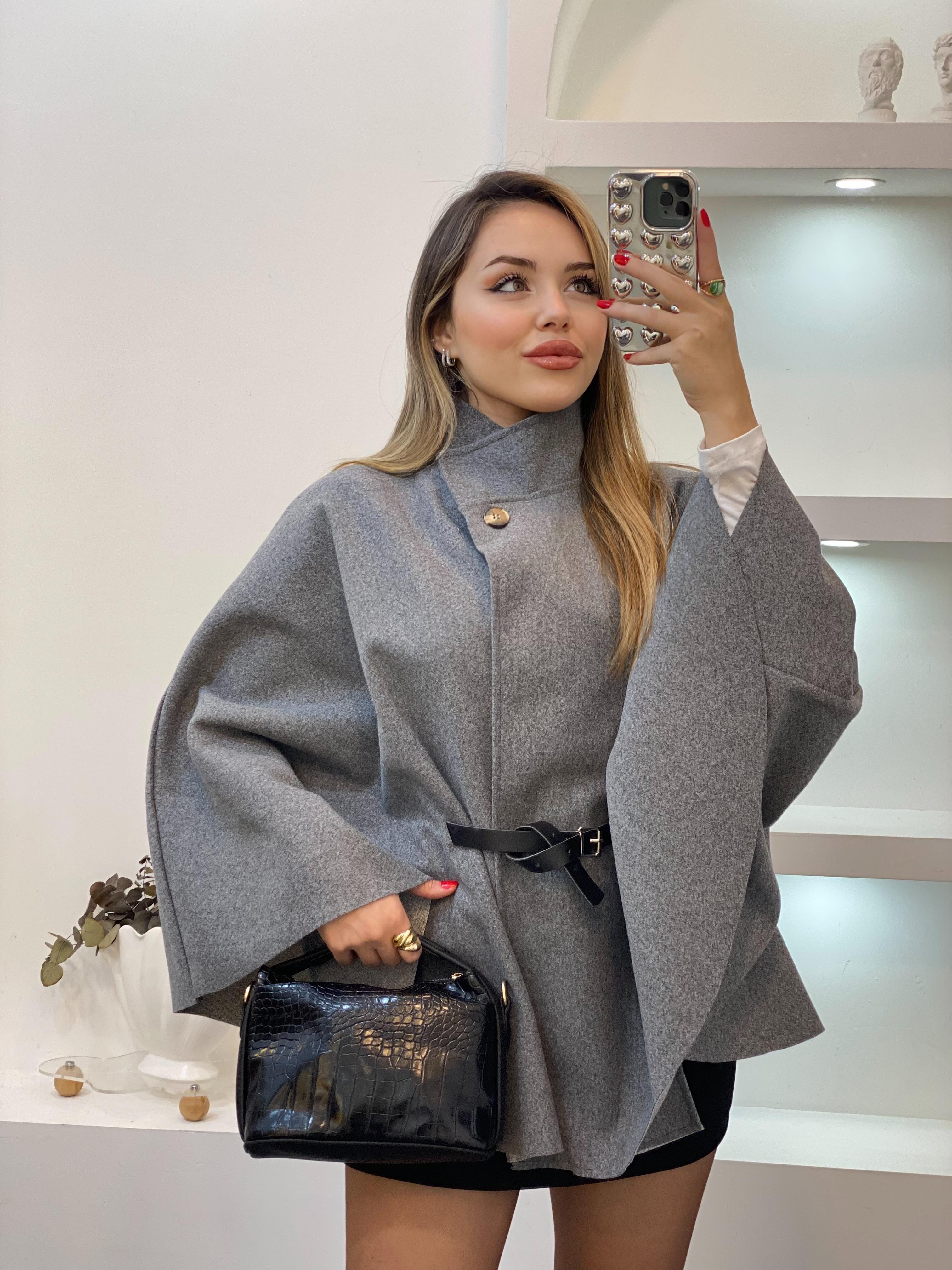 Gri Dik Yaka Kemerli Kaşe Panço