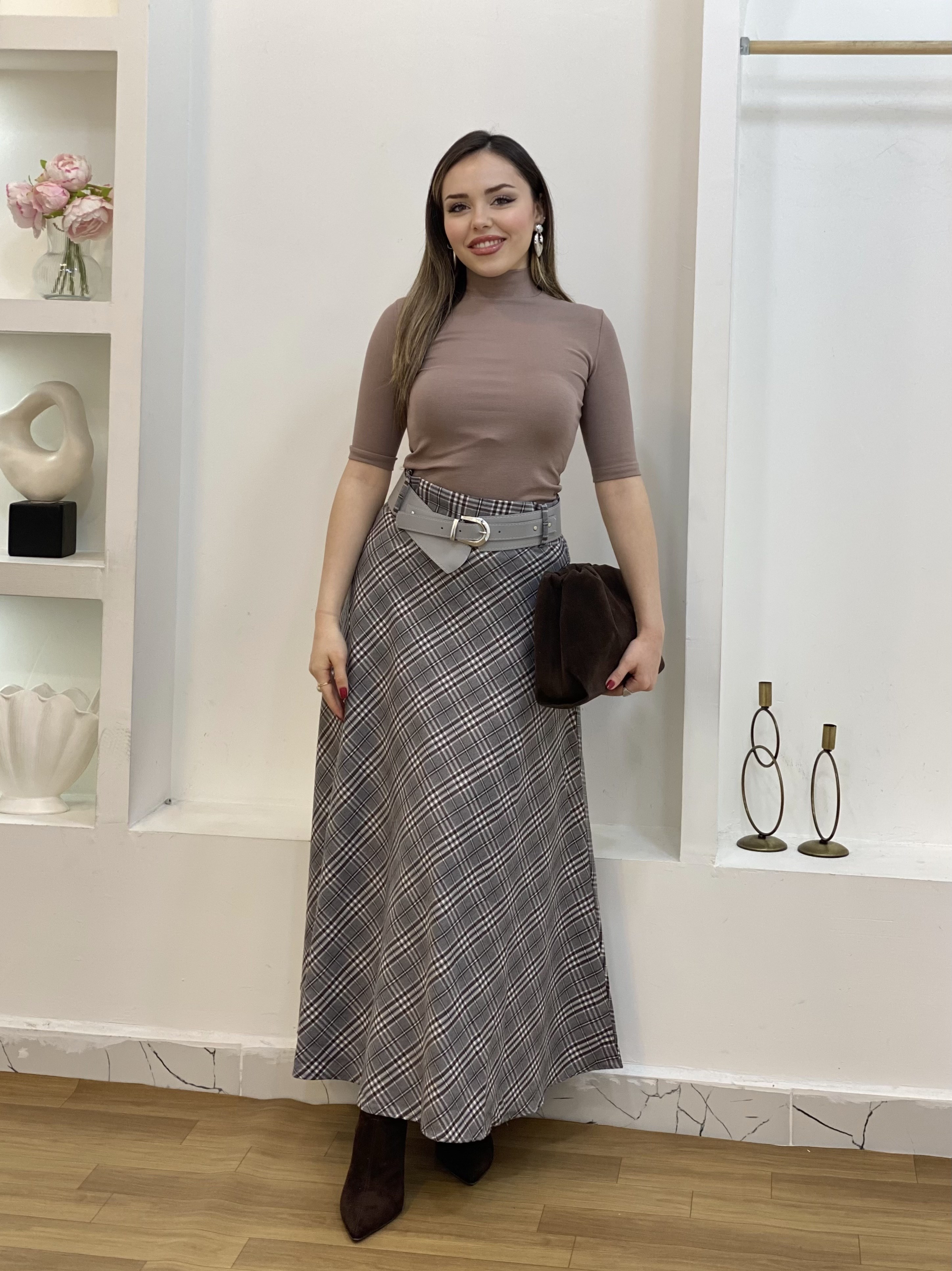 Gri Kemerli Ekose Desen Dokuma Kumaş Etek