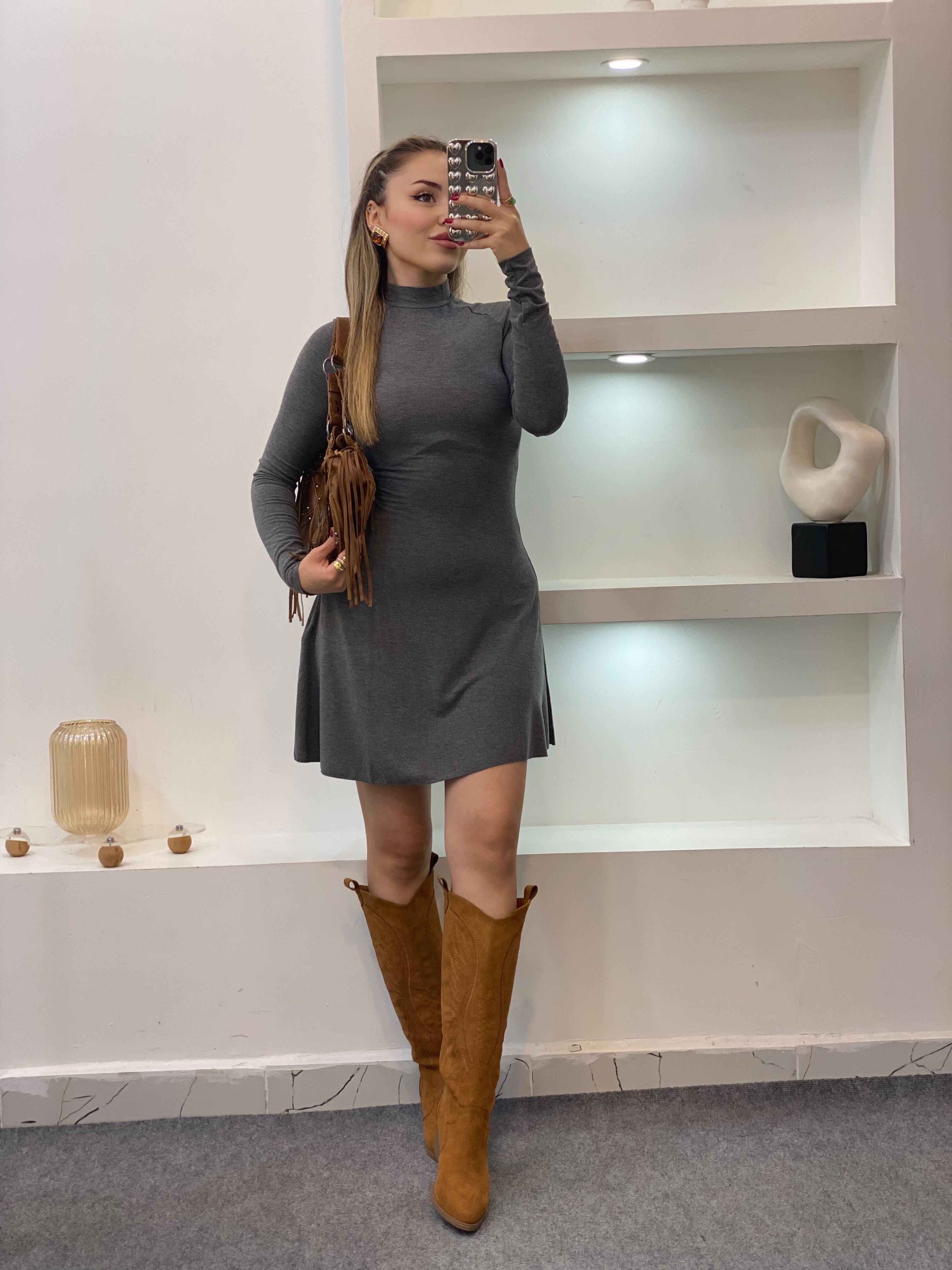 Gri Yarım Boğazlı Modal Elbise