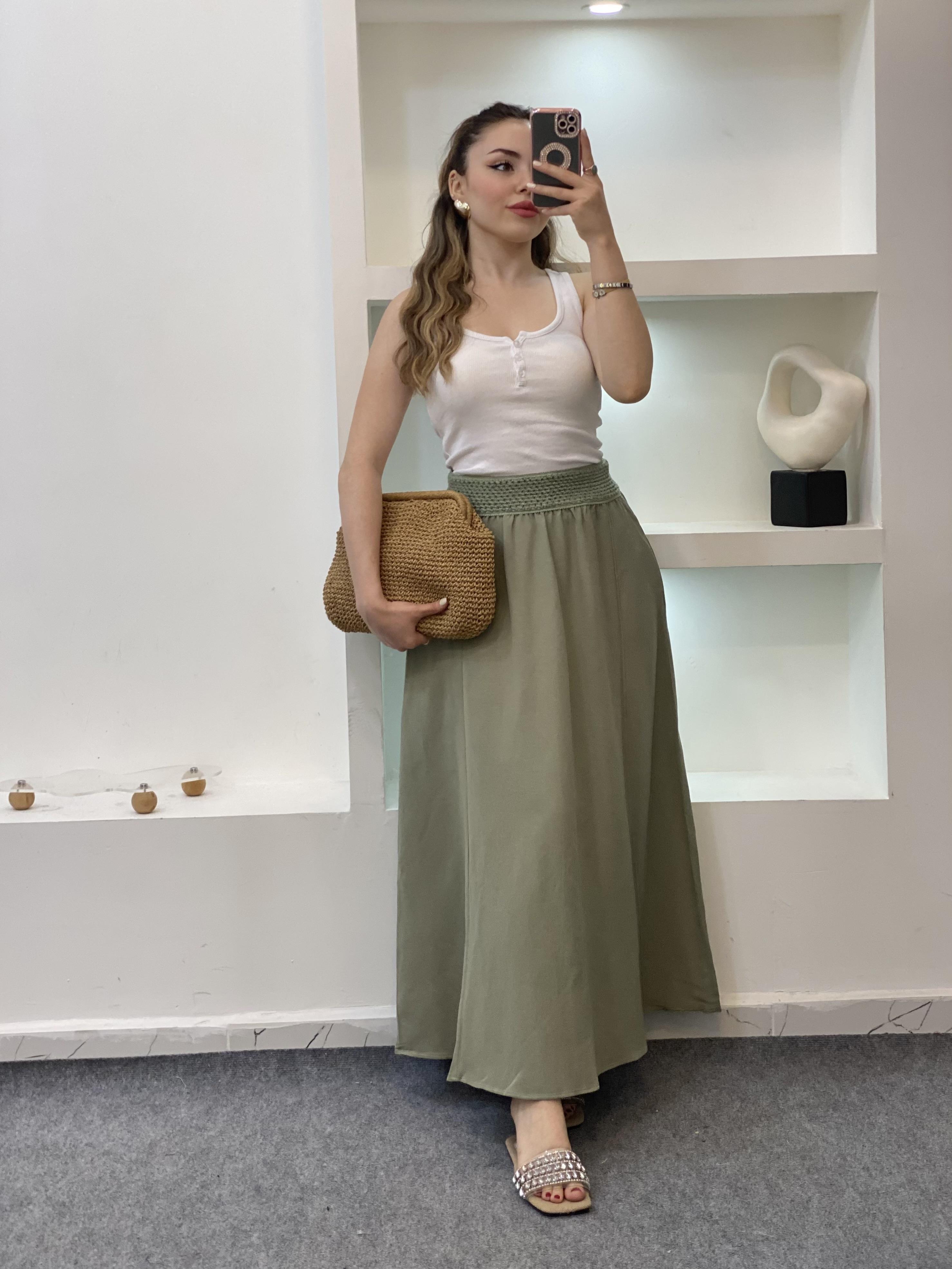 Haki Yeşil Beli Örgü Detay Keten Etek