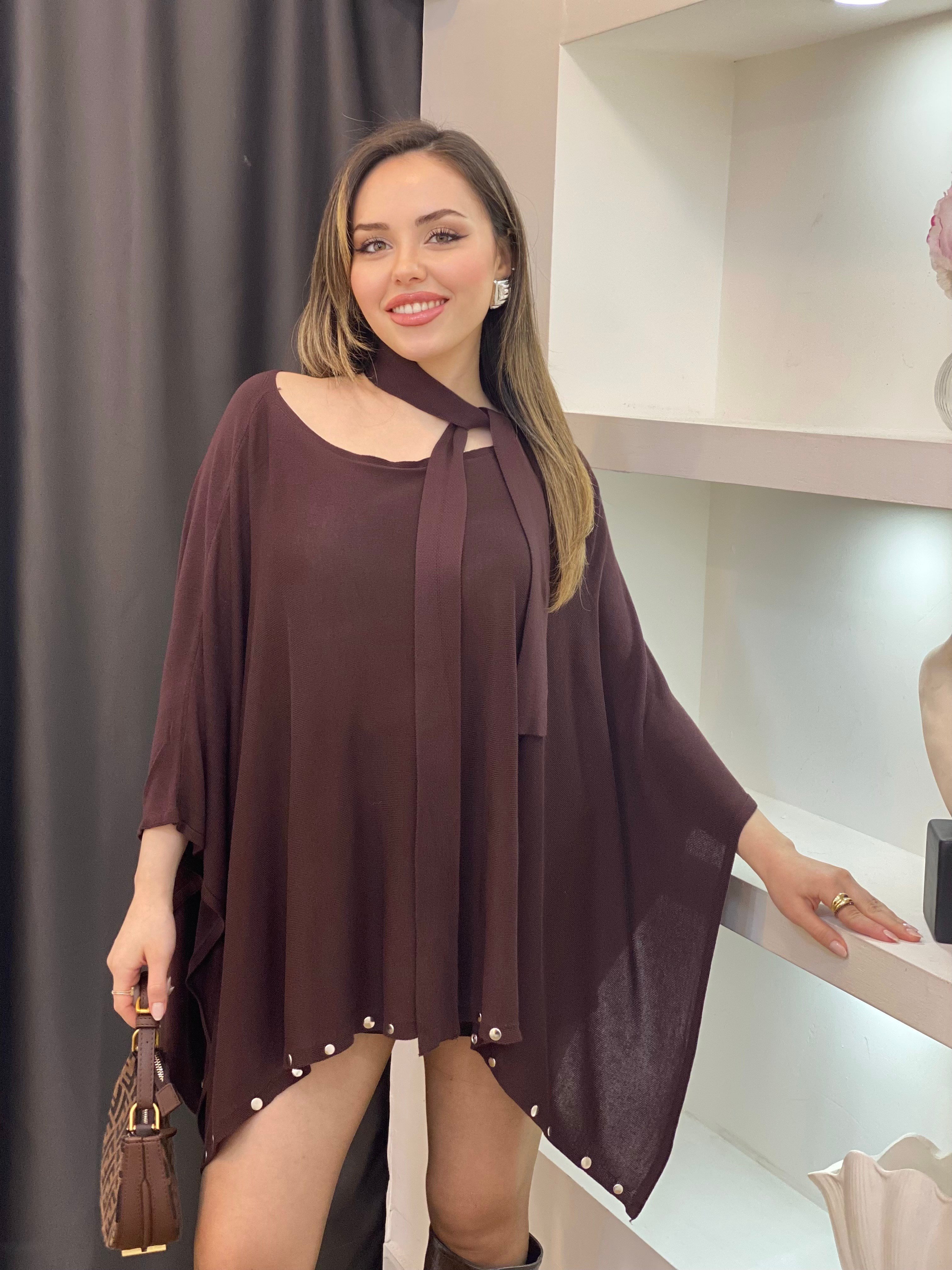 Kahve Fularlı Gümüş Droplu Triko Panço