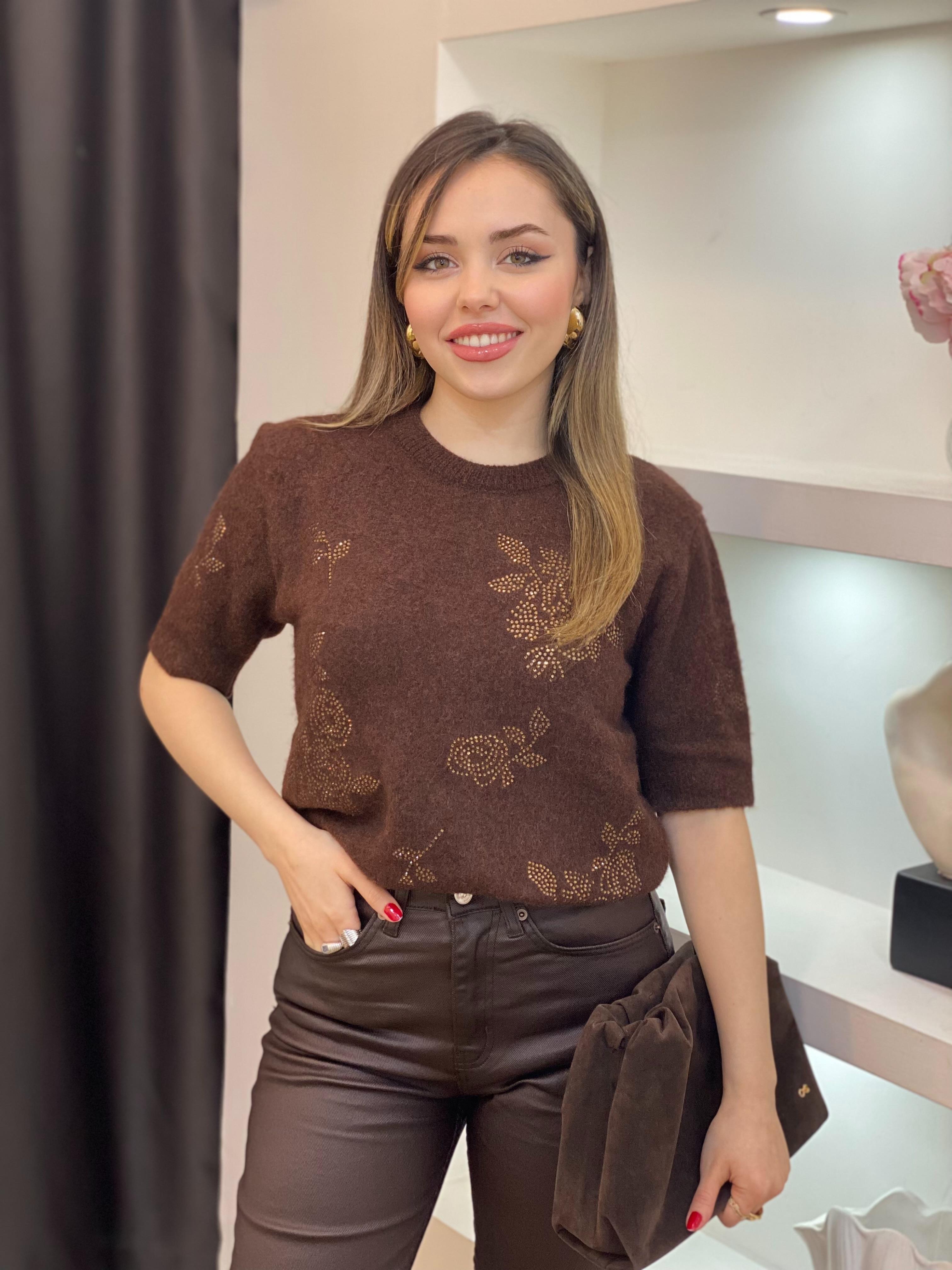 Kahve Kaşmir Dokulu Taşlı Kazak