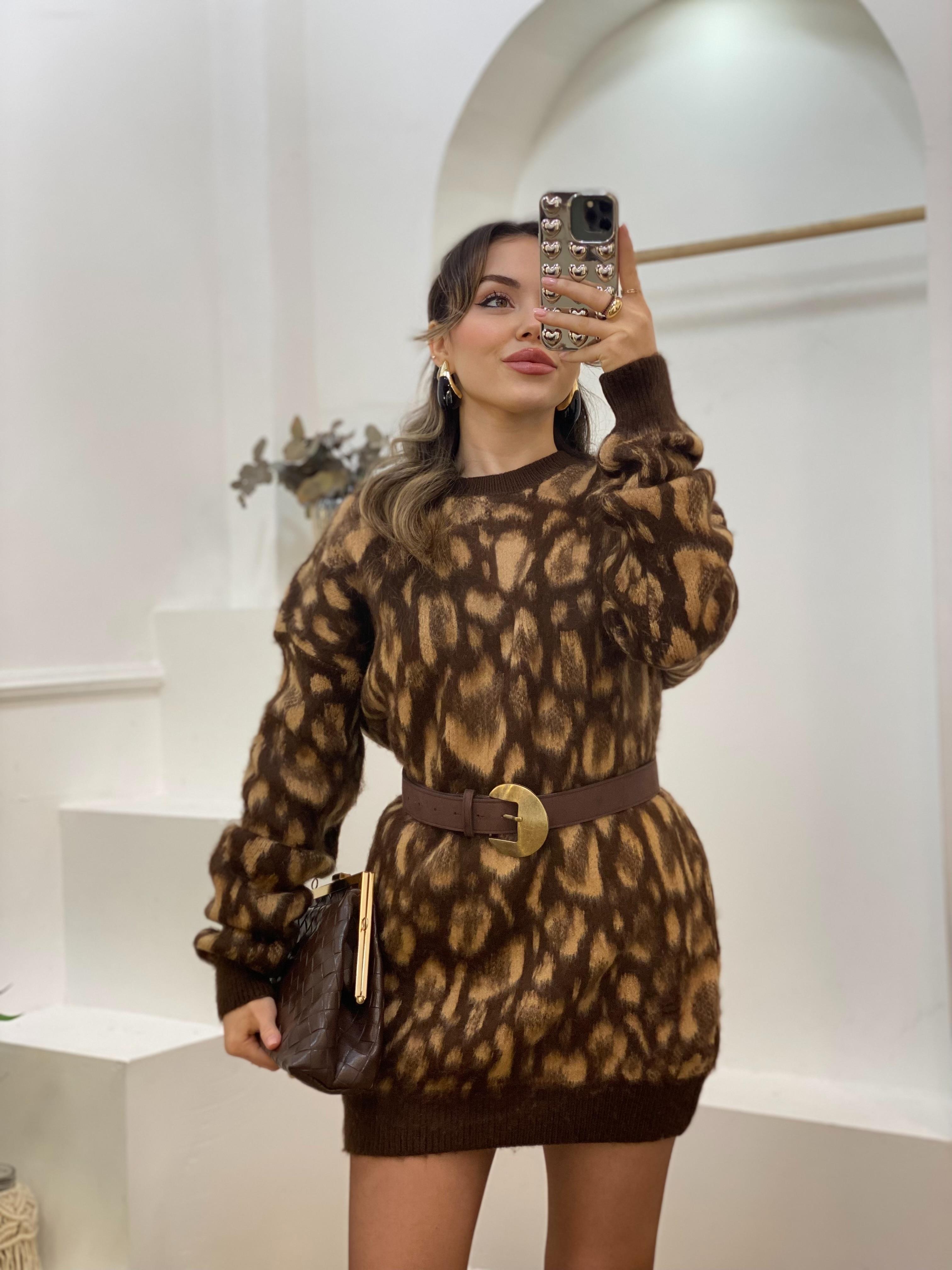 Kahve Leo Desen Kaşmir Dokulu Kazak