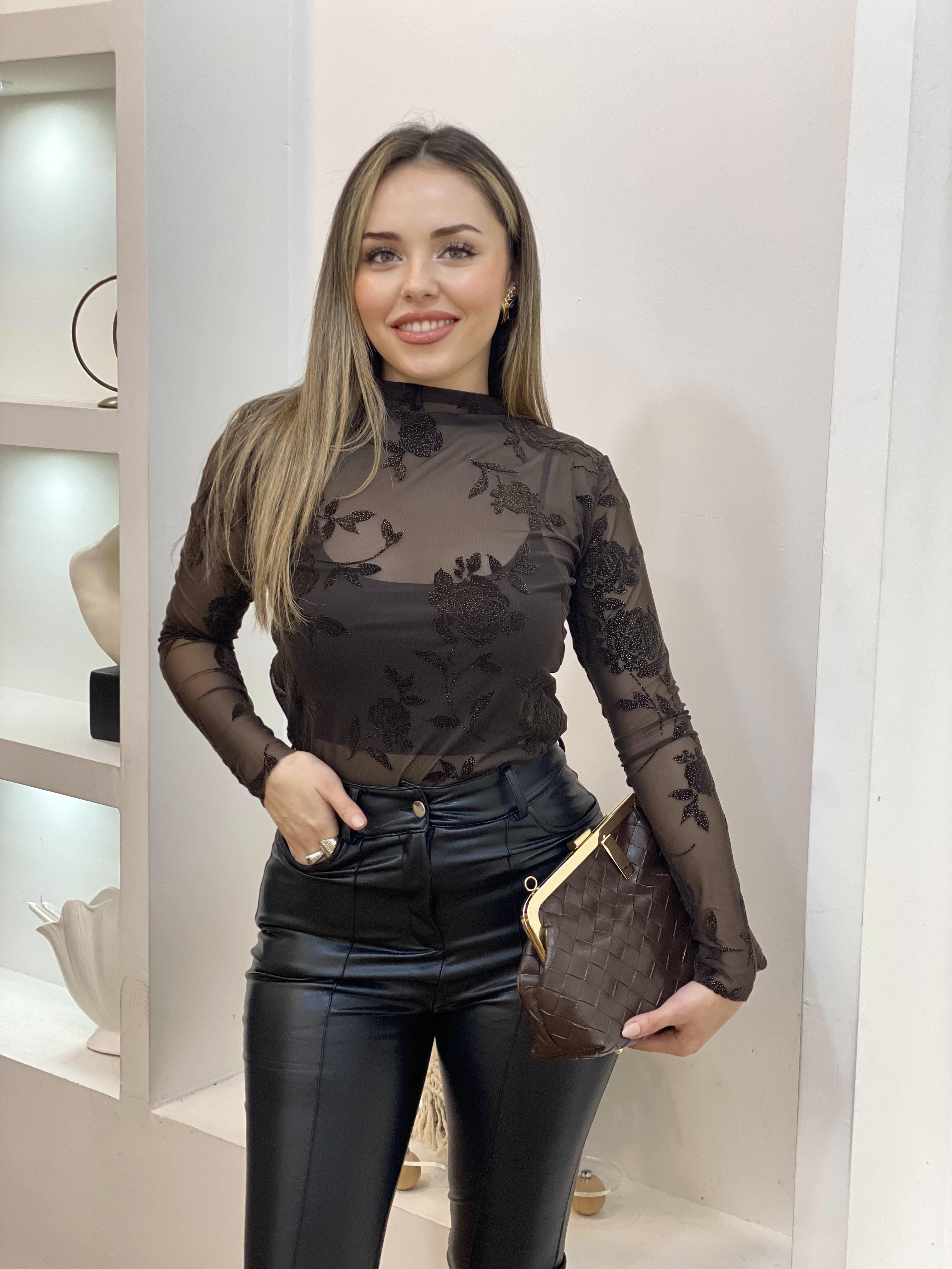 Kahve Nakışlı Transparan Bluz