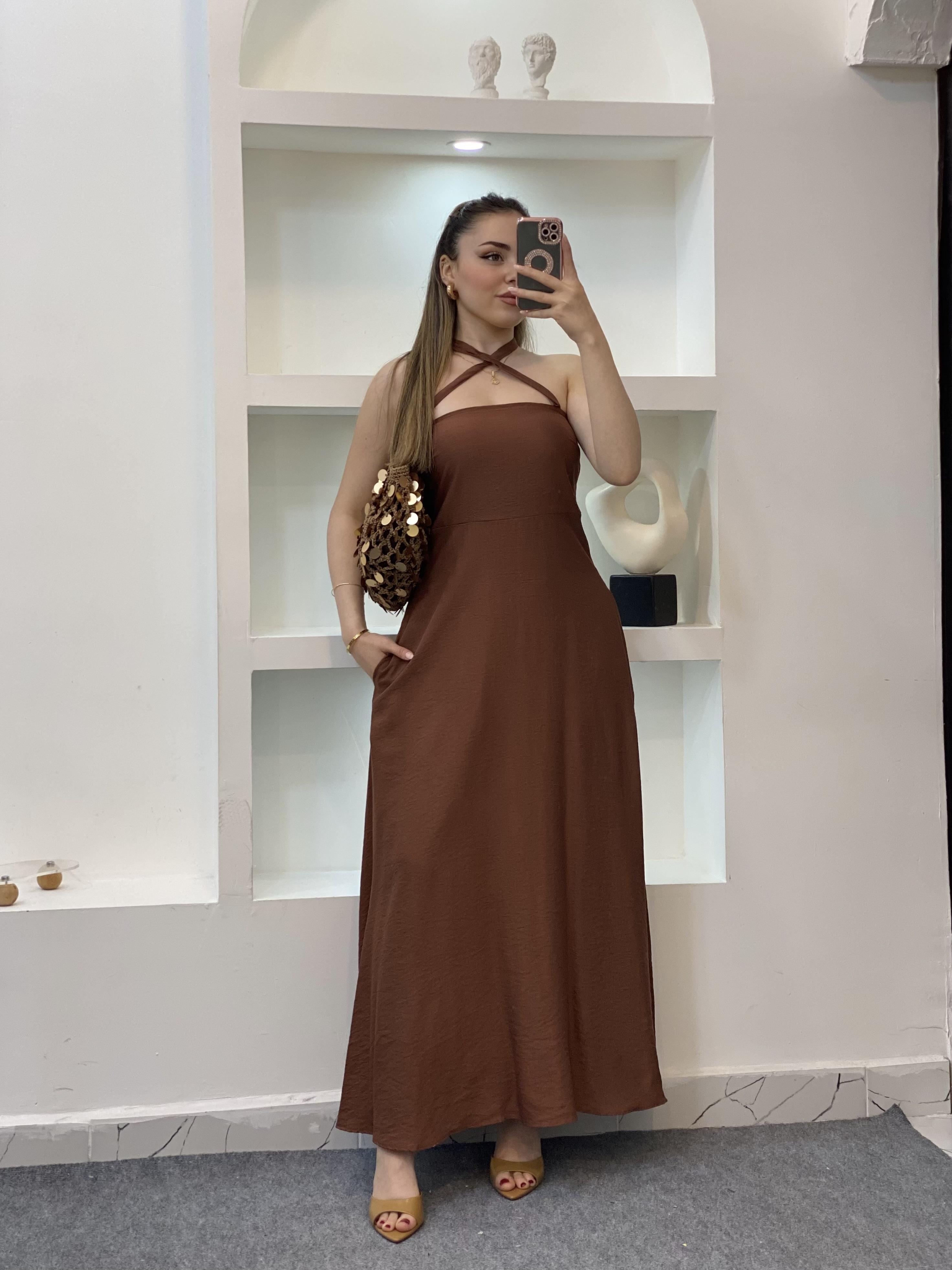 Kahve Omuzları Bağlamalı Keten Elbise