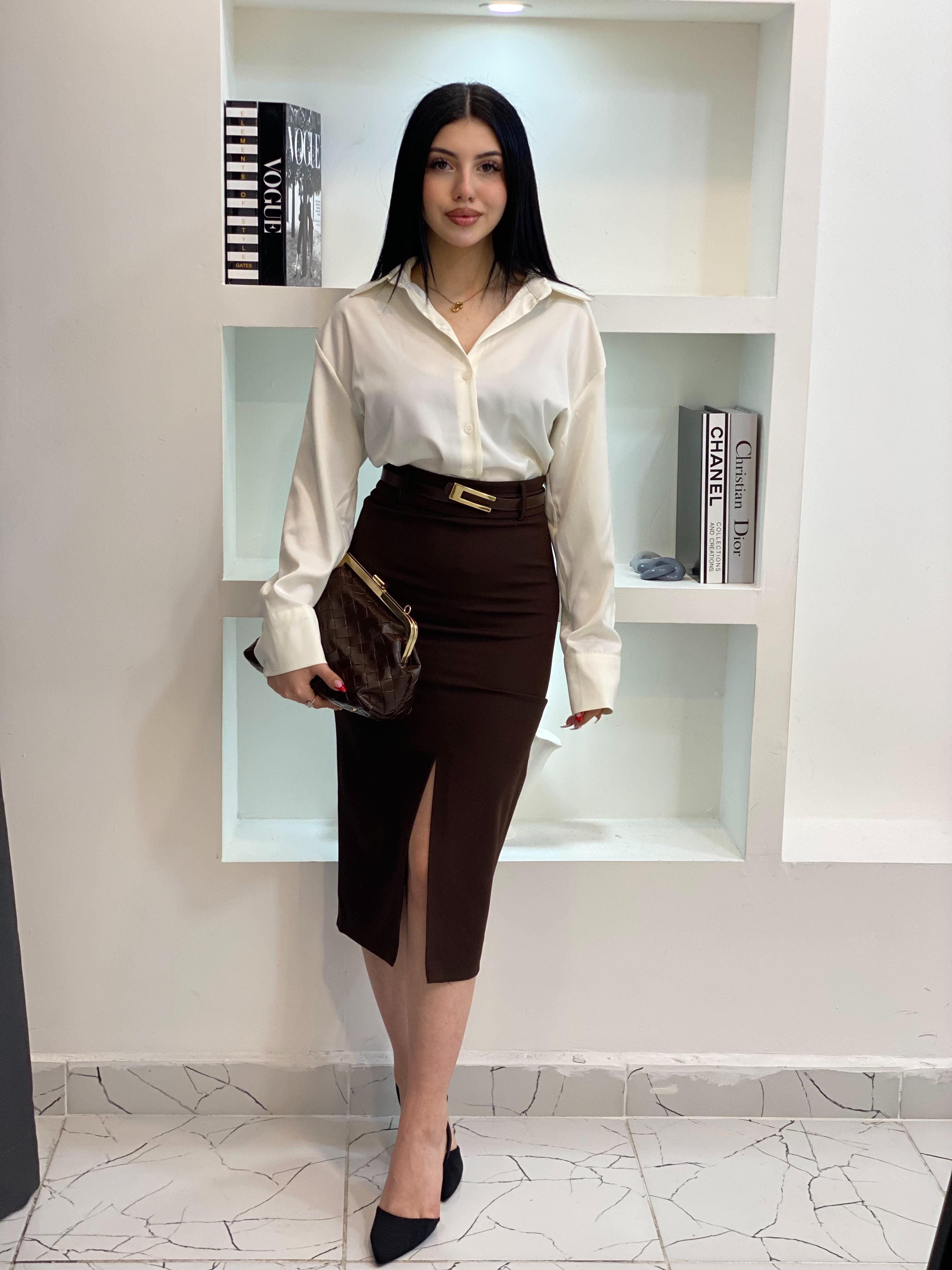 Kahve Önü Yırtmaçlı Kalem Etek